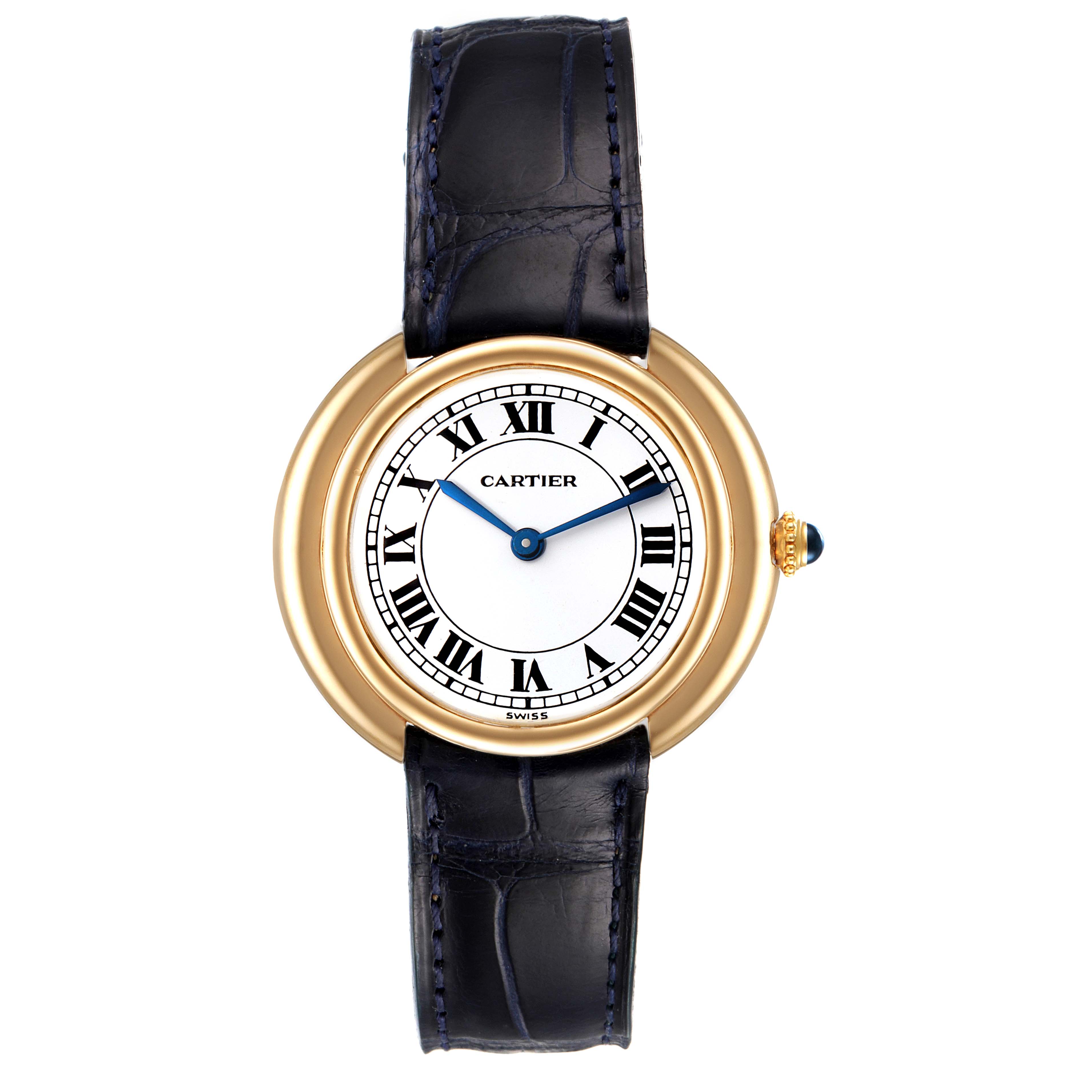 The image shows a front view of the Vendome model by Cartier, including its face, casing, and leather strap.
