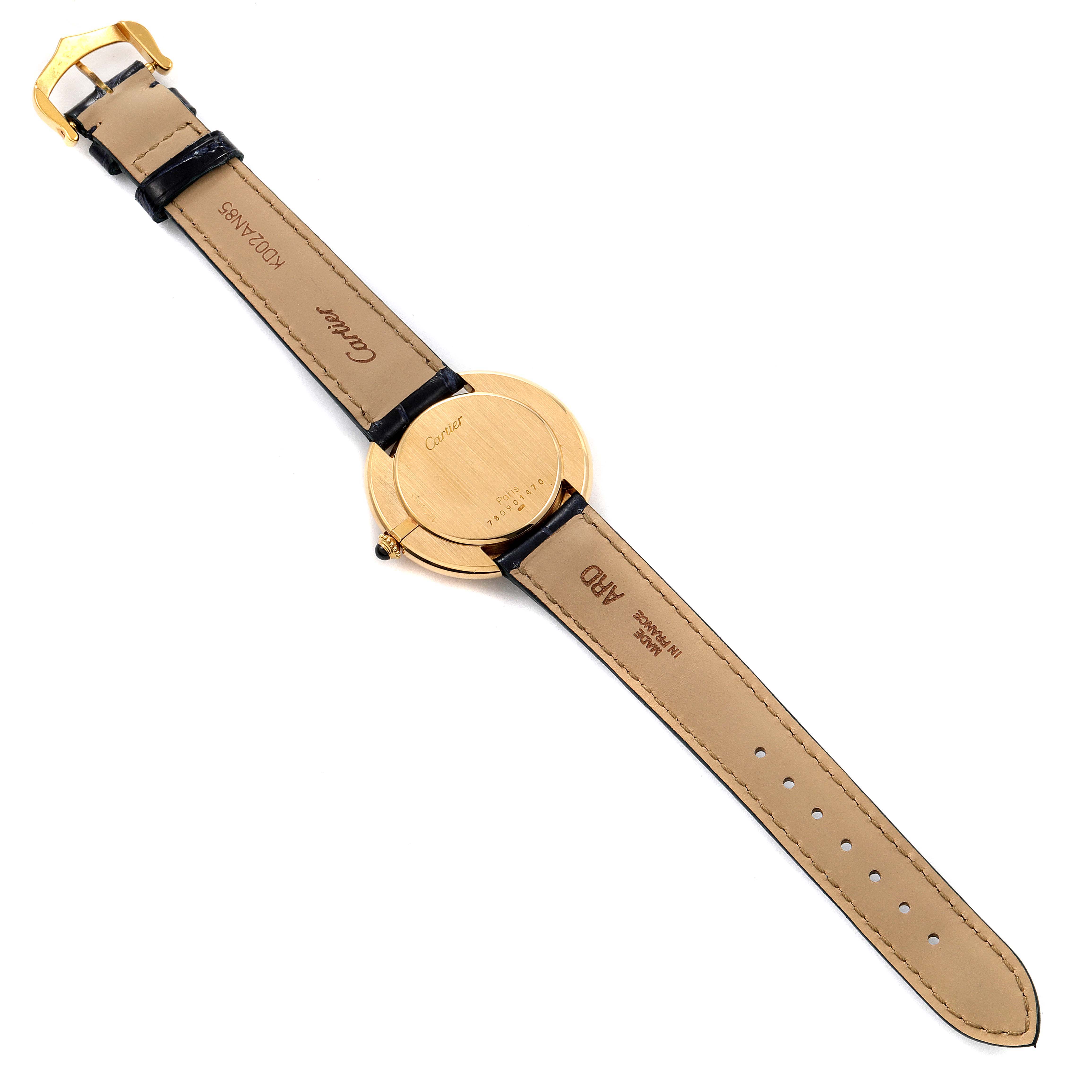 The image shows the back of the Cartier Vendome Women's Yellow Gold Silver Dial Women's Yellow Gold Silver Dial watch, including the strap, buckle, and back of the watch case.