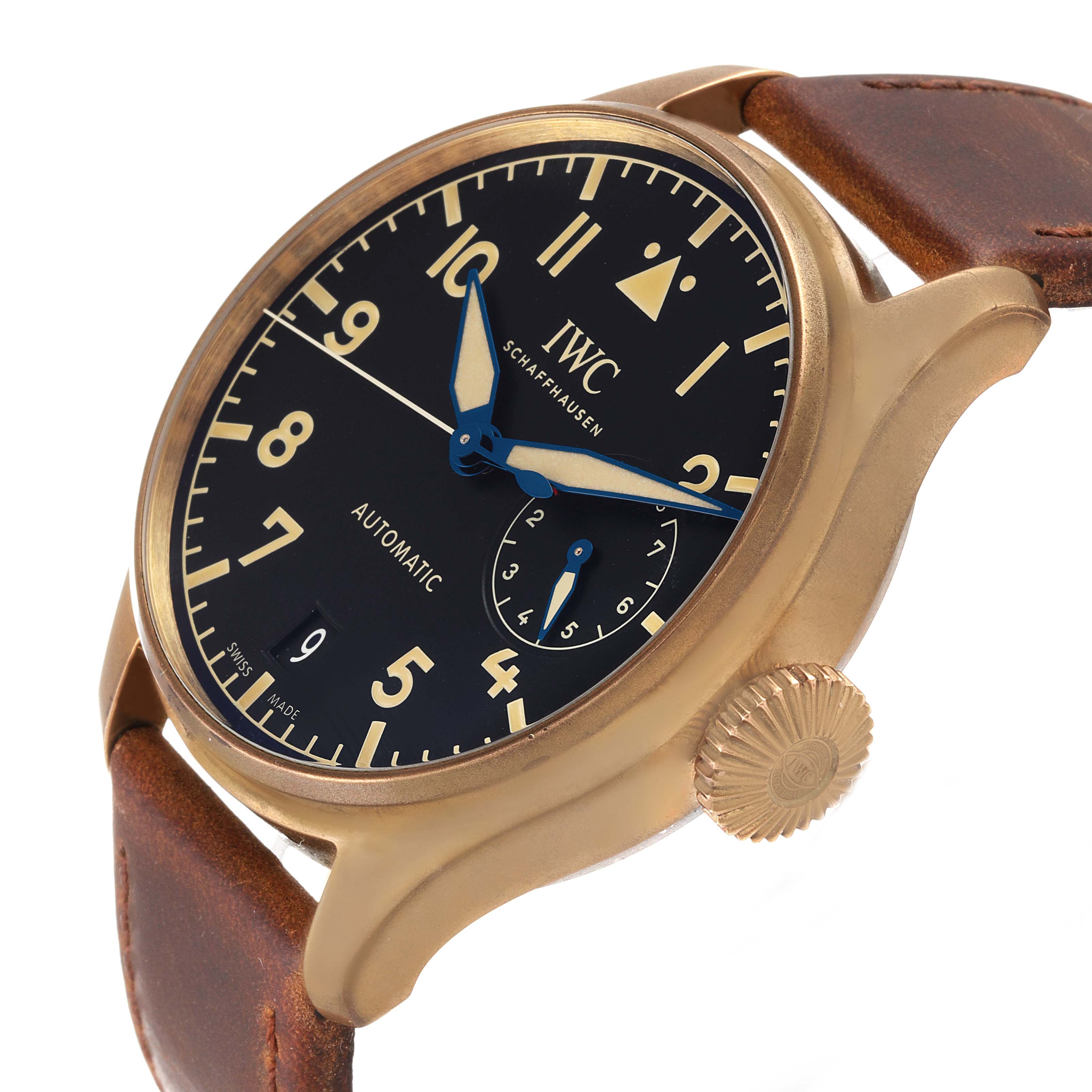 The IWC Pilot IW501005 Men
s Bronze Black Dial IW501005 Men
s Bronze Black Dial model watch is shown from an angled view, highlighting the dial, crown, and leather strap.