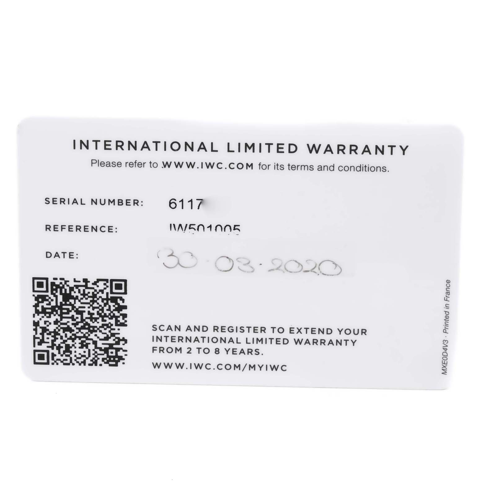 The image shows the International Limited Warranty card for an IWC Pilot IW501005 Men
s Bronze Black Dial IW501005 Men
s Bronze Black Dial model watch, including the serial number, reference number, and date.