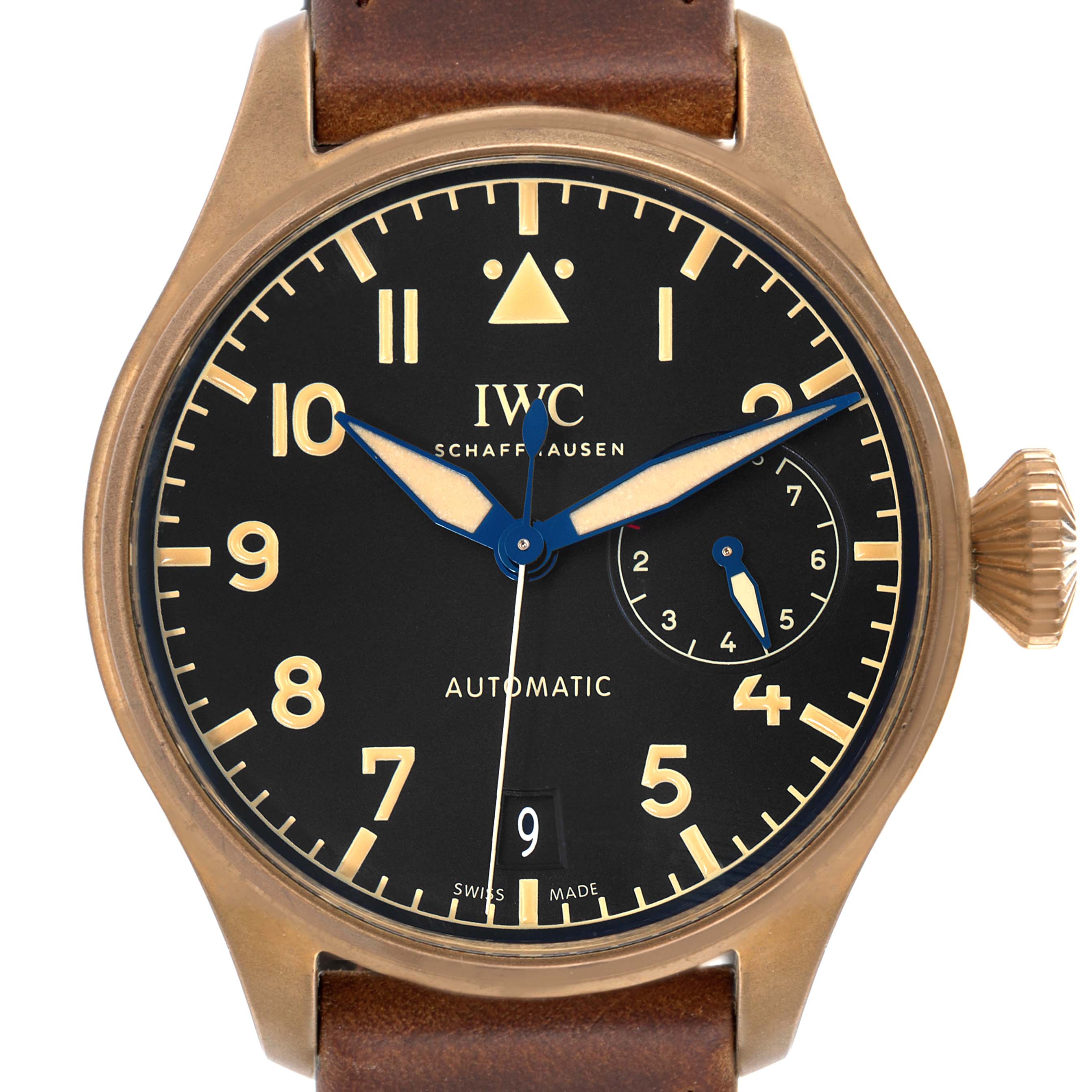 The image shows a close-up front view of an IWC Pilot IW501005 Men
s Bronze Black Dial IW501005 Men
s Bronze Black Dial watch displaying the dial, hands, crown, and leather strap.