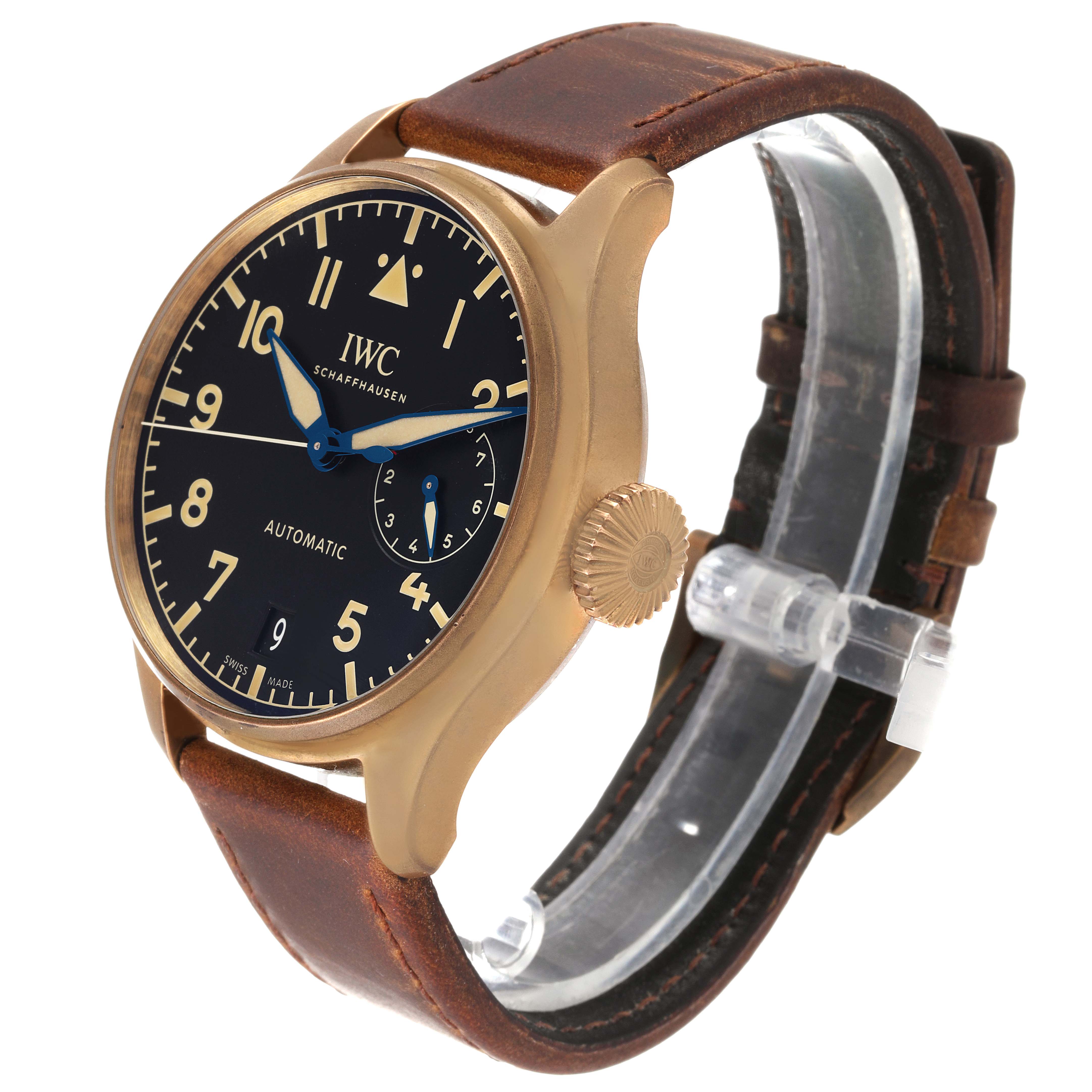 The IWC Pilot IW501005 Men
s Bronze Black Dial IW501005 Men
s Bronze Black Dial watch is shown at a slight angle, displaying the face, crown, and brown leather strap.