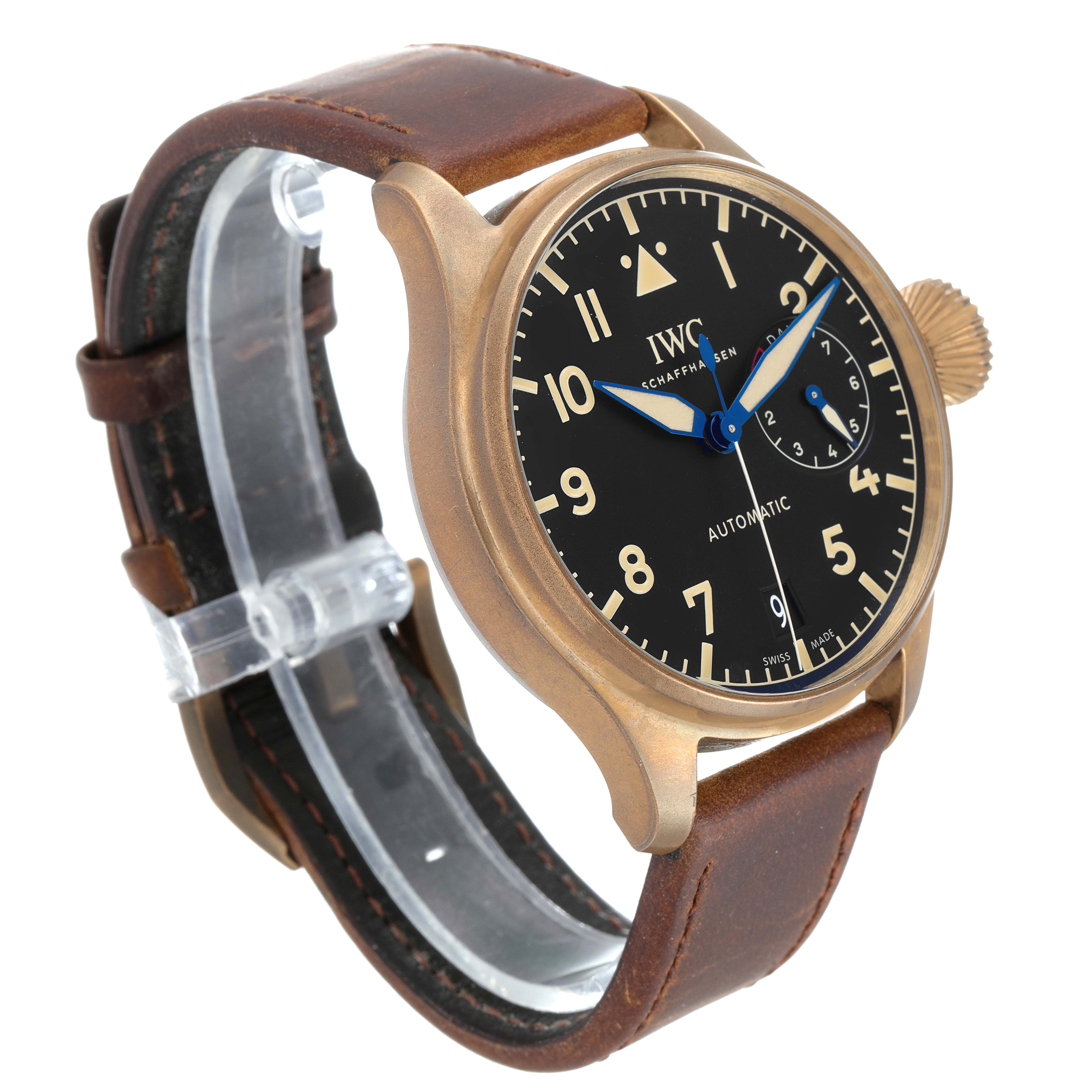 This image shows an IWC Pilot IW501005 Men
s Bronze Black Dial IW501005 Men
s Bronze Black Dial model watch from a side angle, highlighting its brown leather strap, black dial, and bronze case.