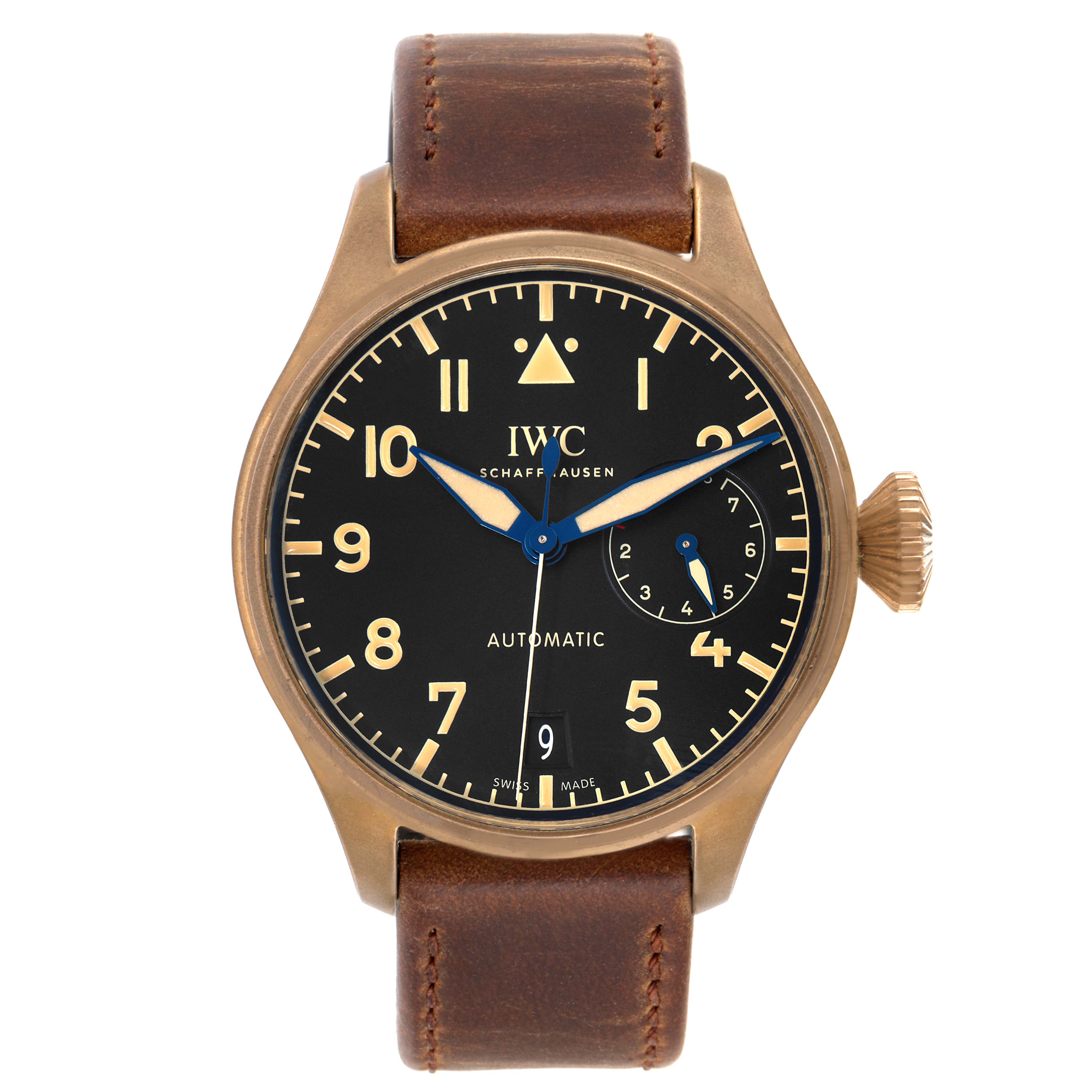 The image shows a front view of the IWC Pilot IW501005 Men
s Bronze Black Dial IW501005 Men
s Bronze Black Dial model watch, highlighting its dial, indices, hands, crown, and leather strap.
