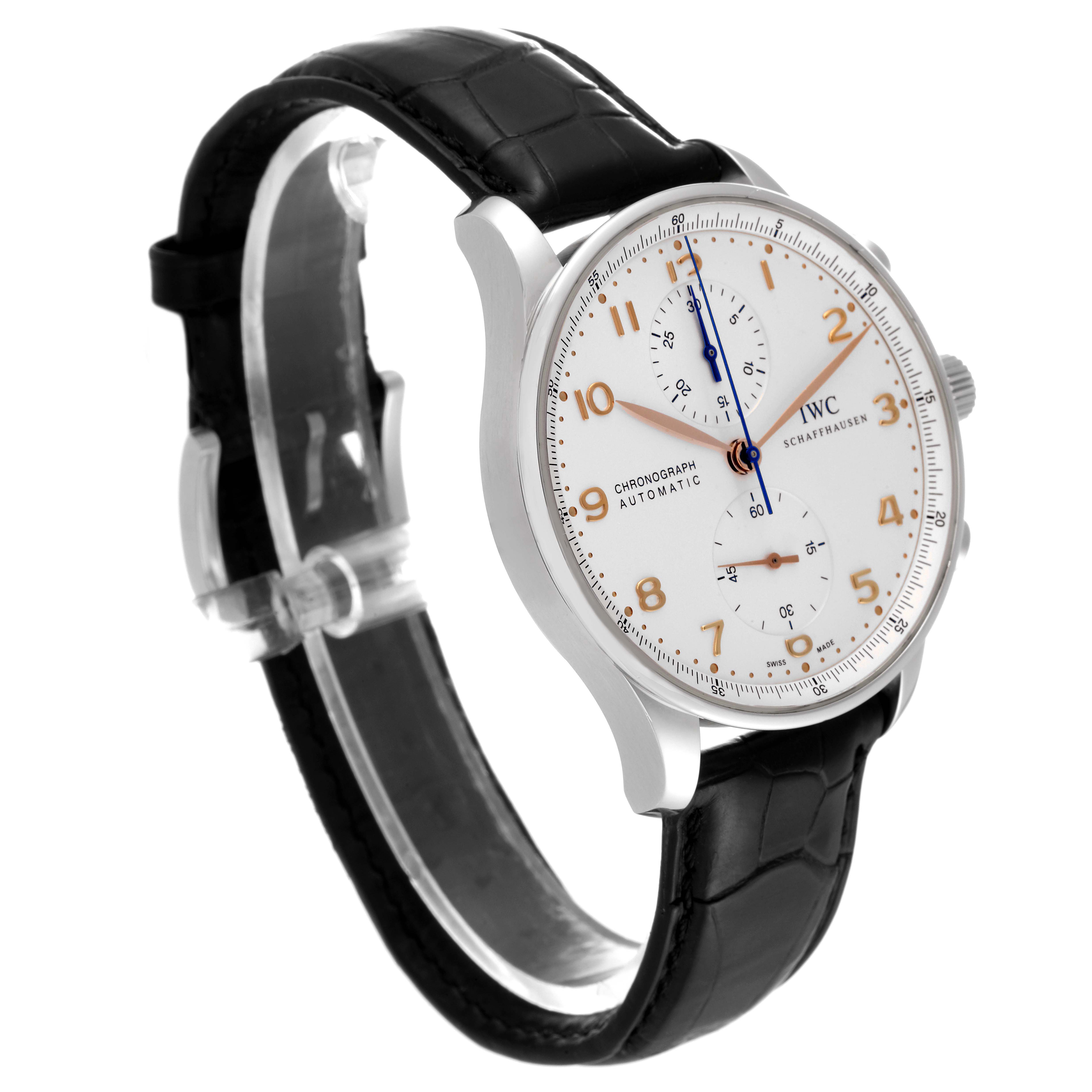 The IWC Portuguese IW371401 Men's Stainless Steel Silver Dial IW371401 Men's Stainless Steel Silver Dial model watch is shown at a three-quarter angle, highlighting the face, strap, and crown.