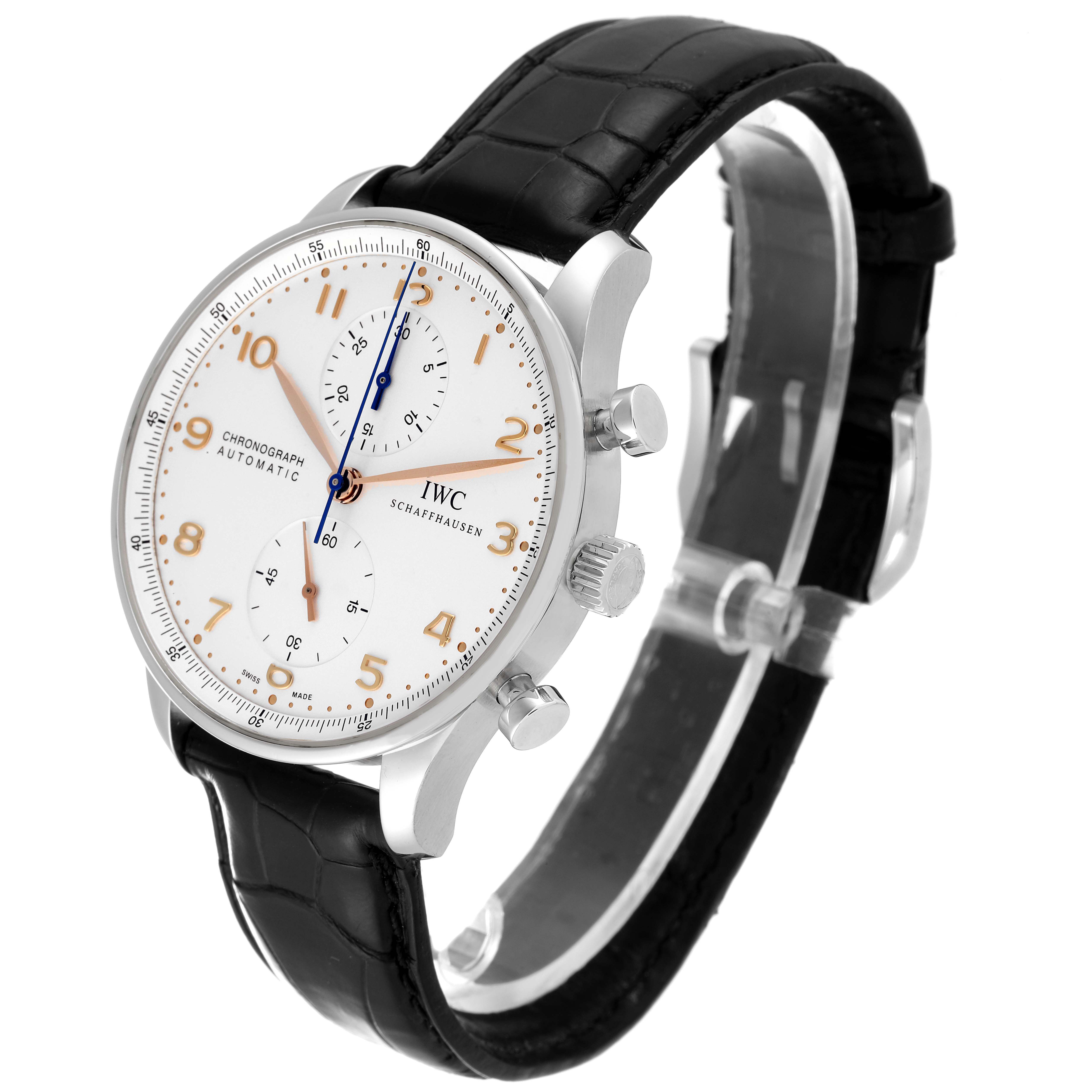 The IWC Portuguese IW371401 Men's Stainless Steel Silver Dial IW371401 Men's Stainless Steel Silver Dial watch is shown at a slight angle, displaying its face, crown, pushers, and leather strap.