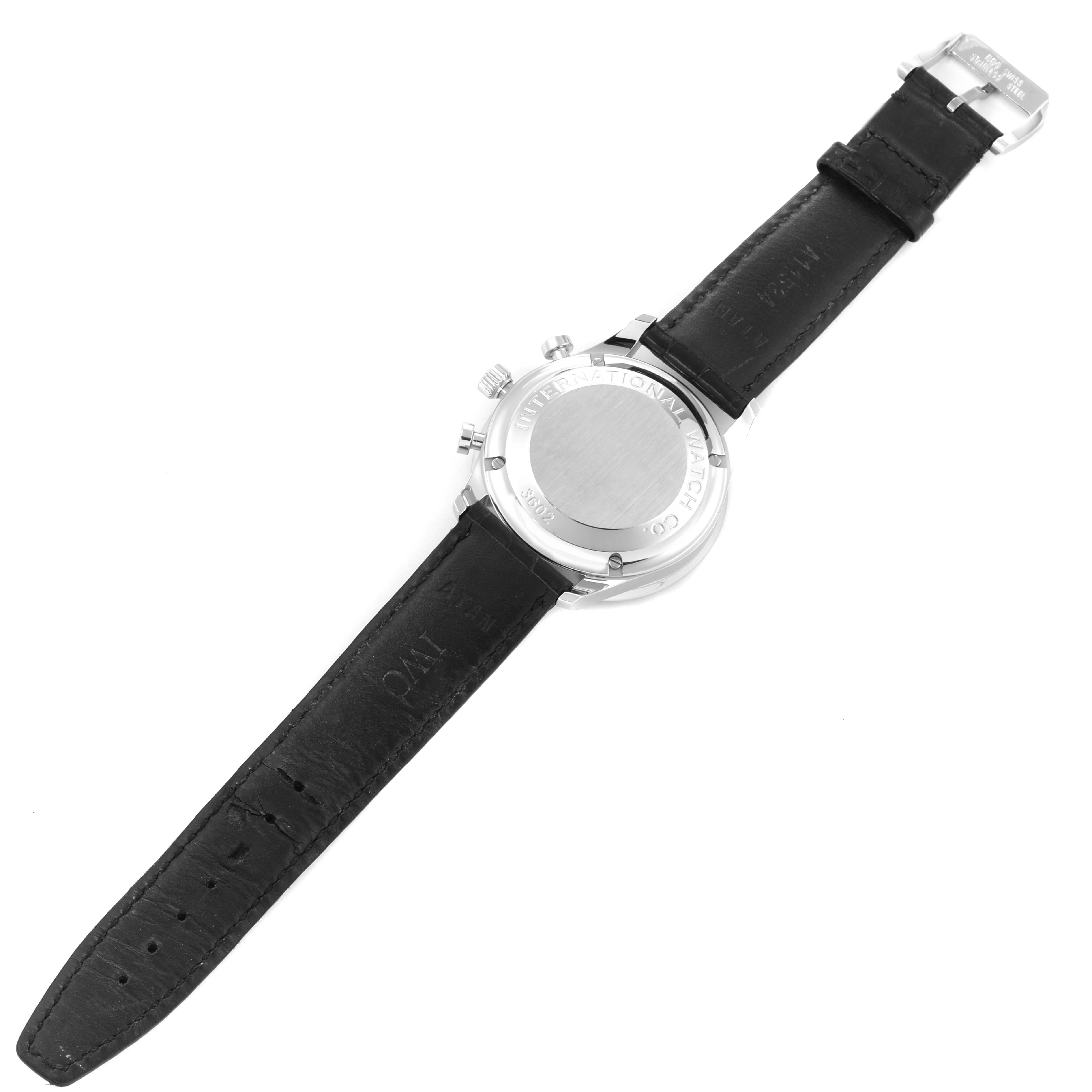 This image shows the back view of an IWC Portuguese IW371401 Men's Stainless Steel Silver Dial IW371401 Men's Stainless Steel Silver Dial model watch, highlighting its case back and black leather strap.