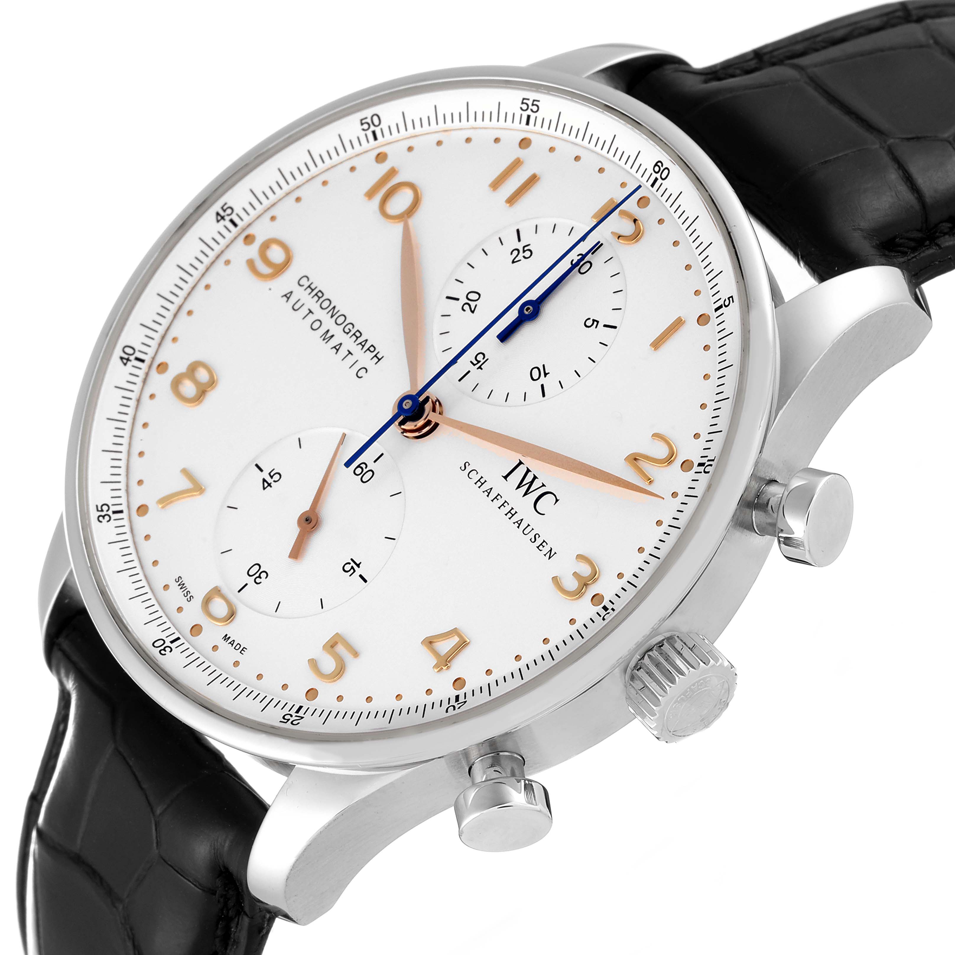 This image shows a side view of the IWC Portuguese IW371401 Men's Stainless Steel Silver Dial IW371401 Men's Stainless Steel Silver Dial chronograph watch, focusing on its dial, crown, and strap.