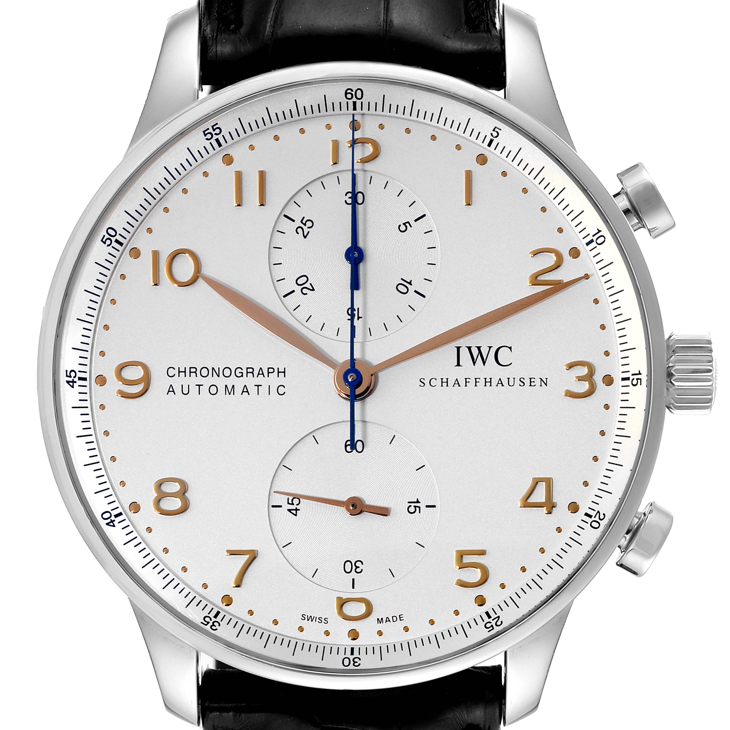 The image shows a front view of the IWC Portuguese IW371401 Men's Stainless Steel Silver Dial IW371401 Men's Stainless Steel Silver Dial Chronograph watch, detailing the face, crown, and pushers.