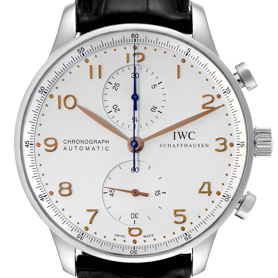 IWC Portuguese Chronograph Silver Dial Steel Mens Watch IW371401 Box Card SwissWatchExpo