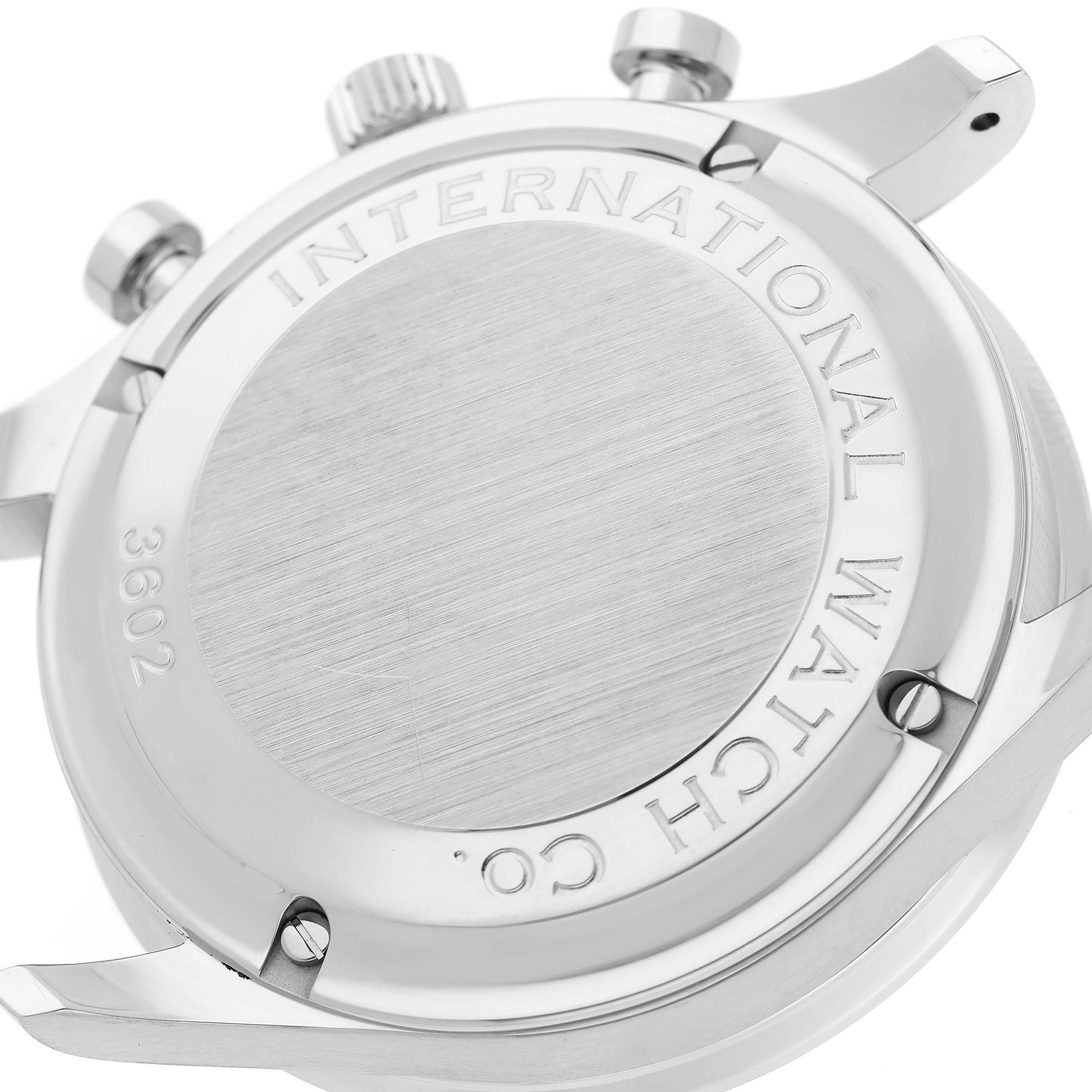 The image shows the back case of an IWC Portuguese IW371401 Men's Stainless Steel Silver Dial IW371401 Men's Stainless Steel Silver Dial model watch, featuring the crown and pusher buttons.