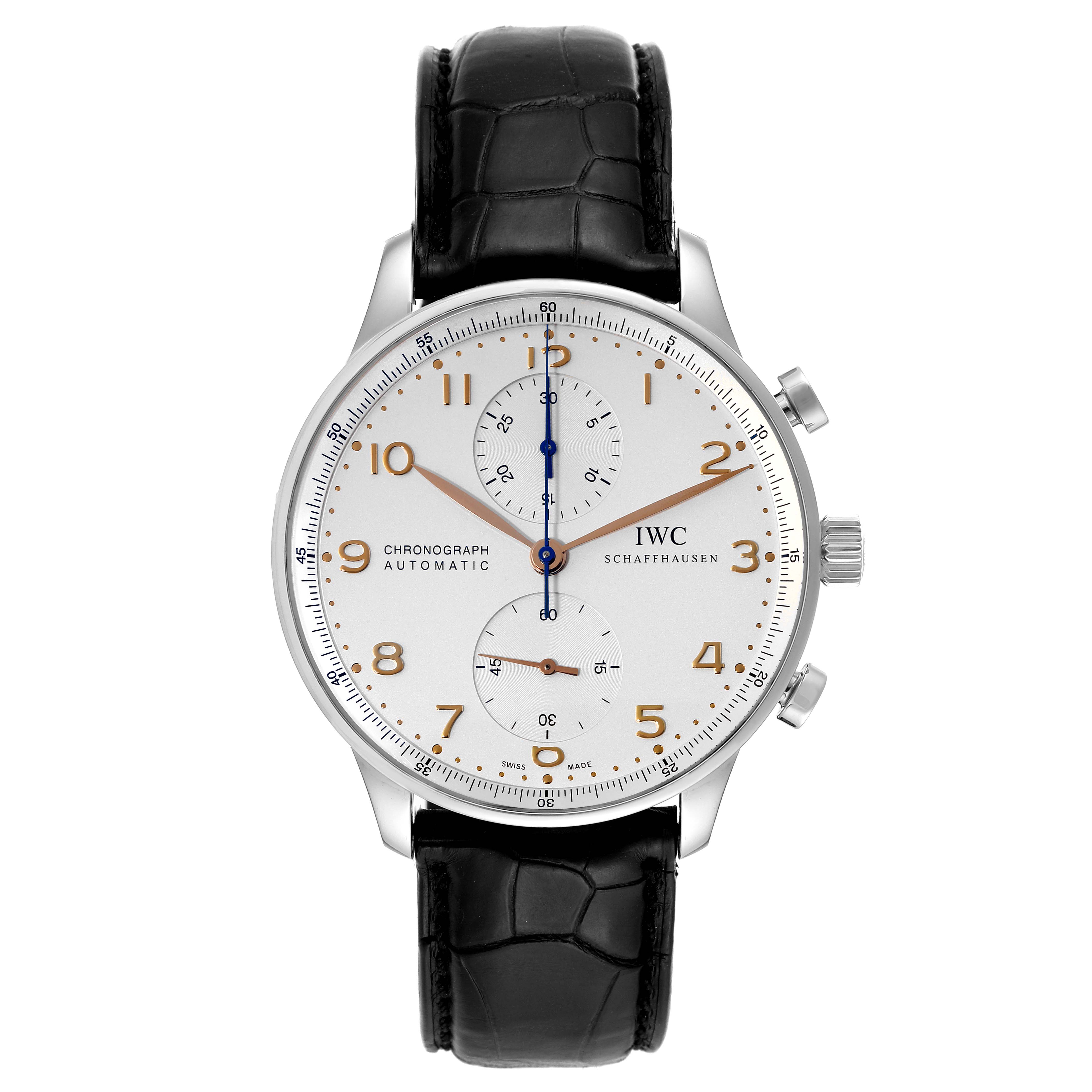 This image shows a front view of the IWC Portuguese IW371401 Men's Stainless Steel Silver Dial IW371401 Men's Stainless Steel Silver Dial model watch, displaying its face, dial, hands, and leather strap.