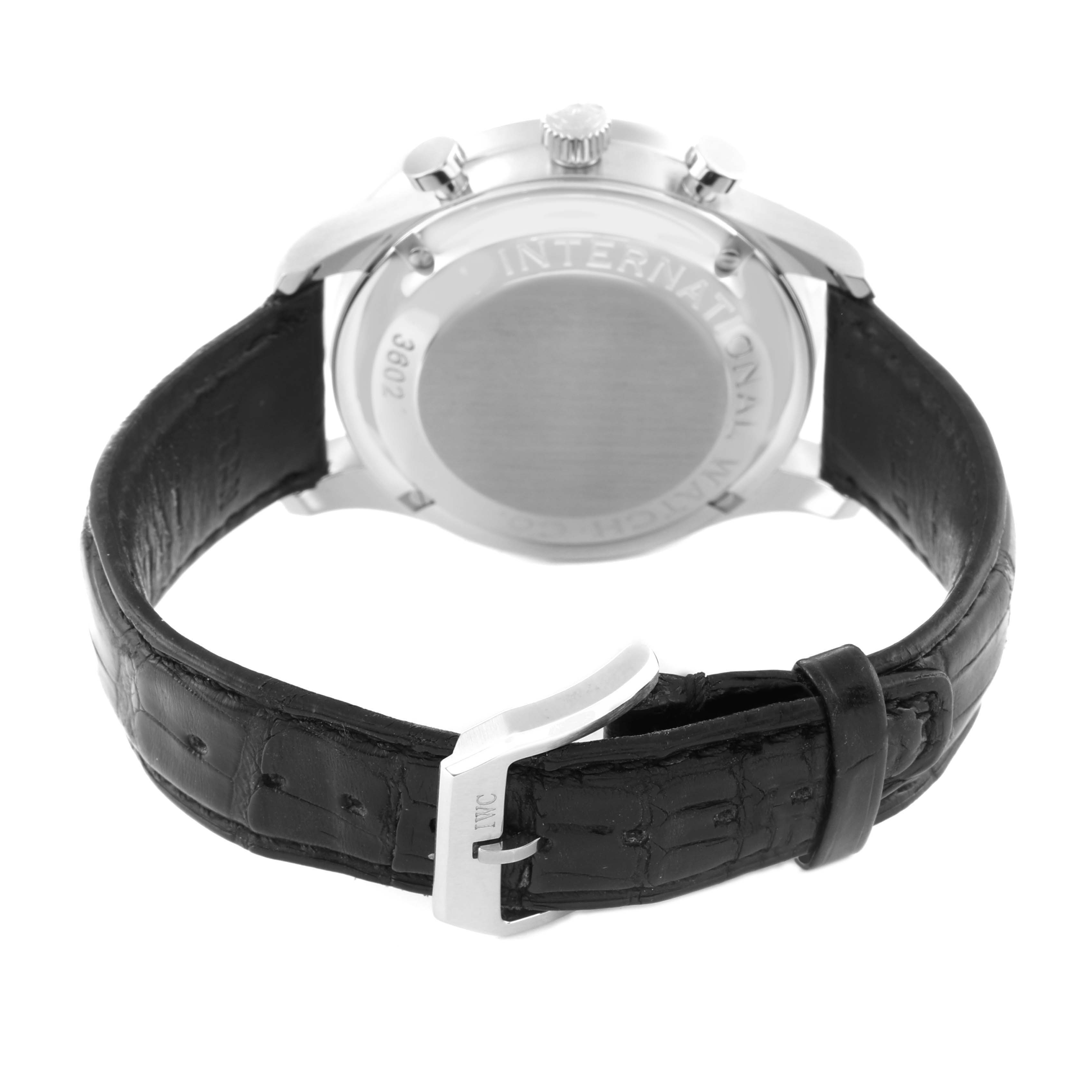 This image shows the back view of an IWC Portuguese IW371401 Men's Stainless Steel Silver Dial IW371401 Men's Stainless Steel Silver Dial model watch, including its case back, crown, pushers, and leather strap with buckle.