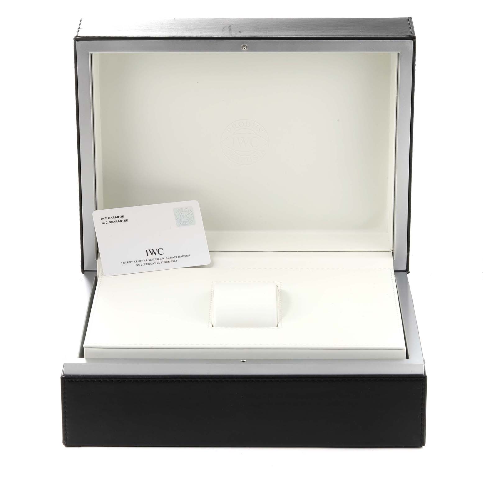 This image shows the open box and guarantee card for an IWC Portuguese IW371401 Men's Stainless Steel Silver Dial IW371401 Men's Stainless Steel Silver Dial model watch.