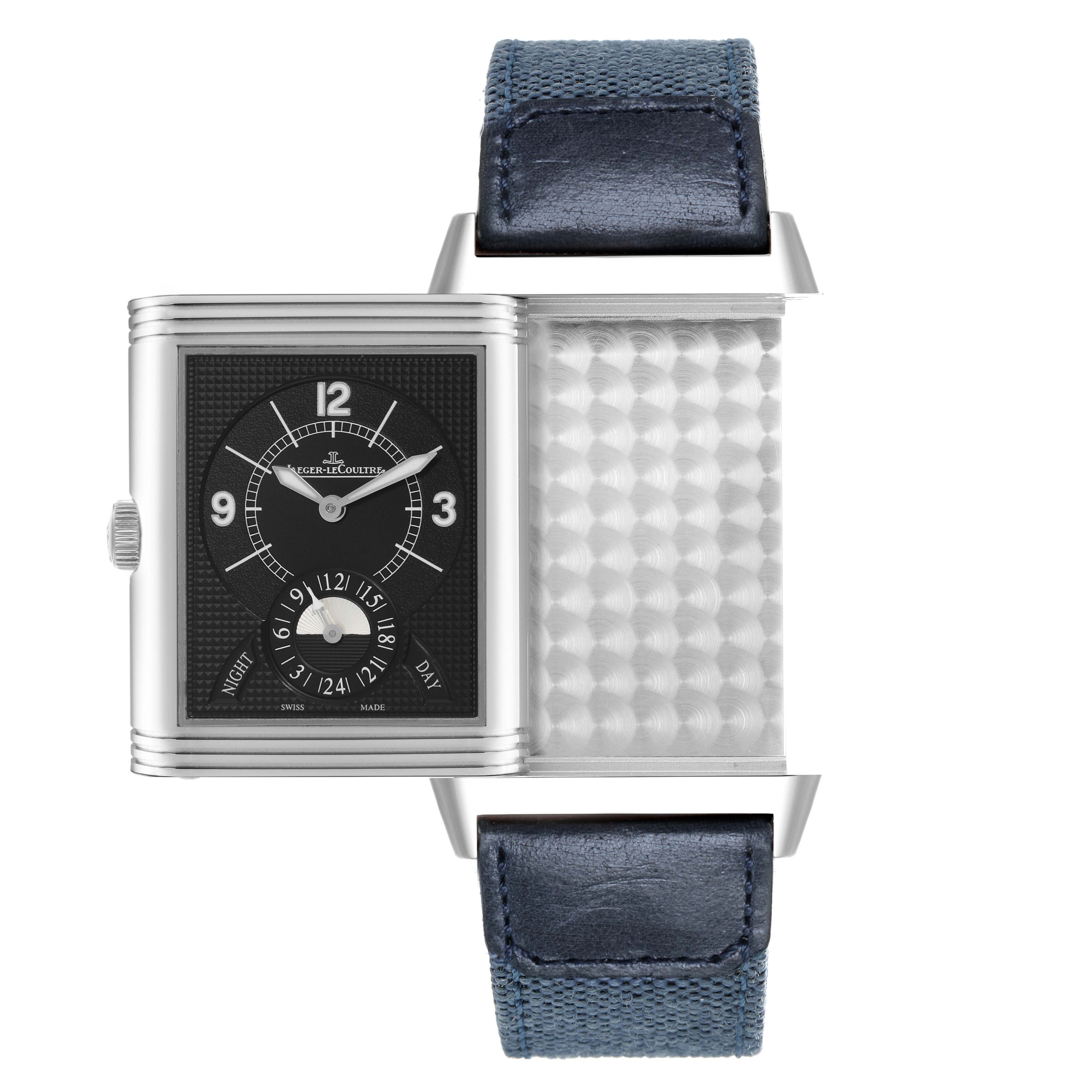 The image shows a Jaeger-LeCoultre Reverso watch from the front, with its case partially rotated and a visible leather strap.