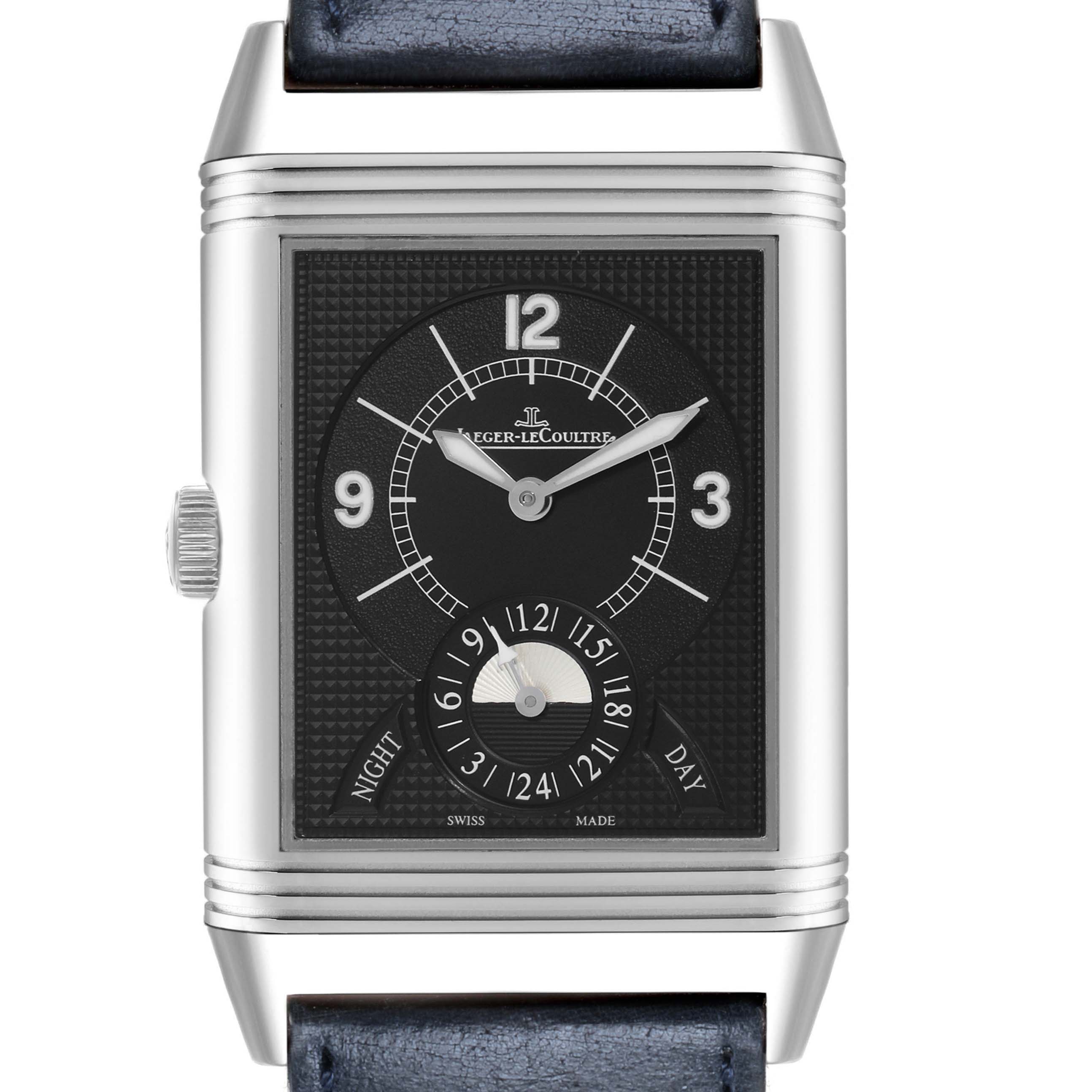 The Jaeger-LeCoultre Reverso watch is shown from the front, displaying its dial, hands, case, and part of the strap.