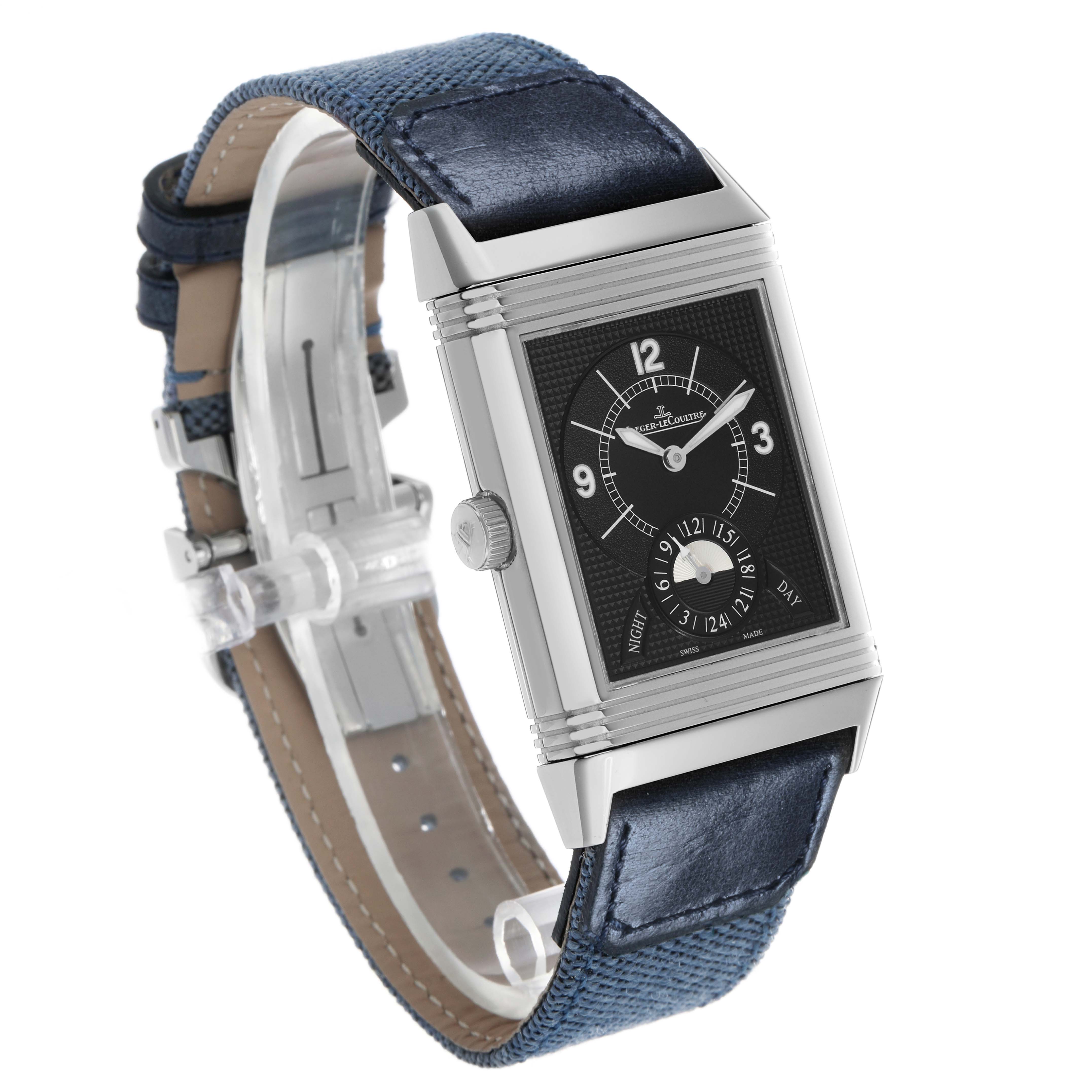 The Jaeger-LeCoultre Reverso watch is shown at a three-quarter angle, displaying the front face, lugs, crown, and strap.