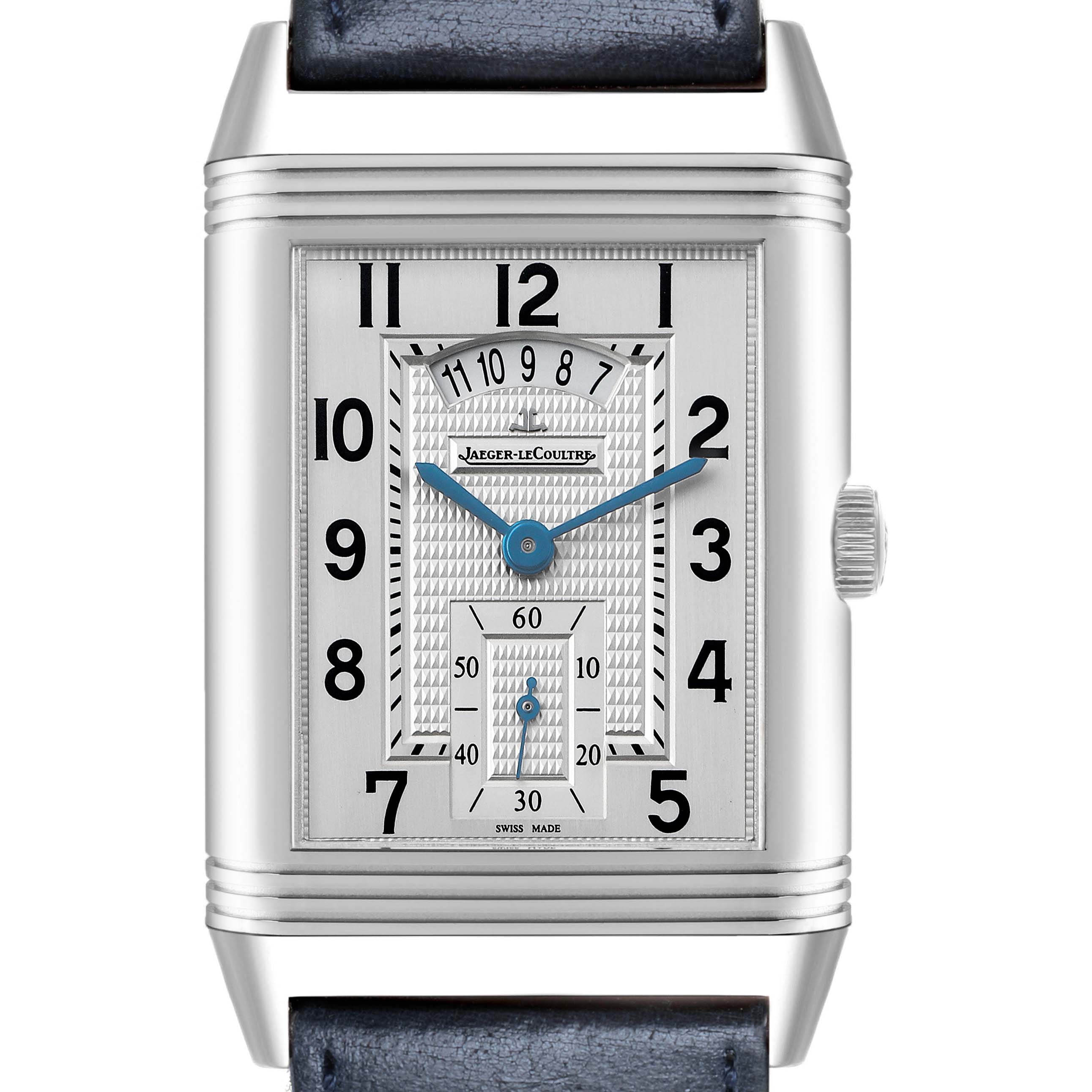 The Jaeger LeCoultre Reverso Q3748421 Men's Stainless Steel Silver Dial is shown from the front, highlighting the dial, hands, and rectangular case.