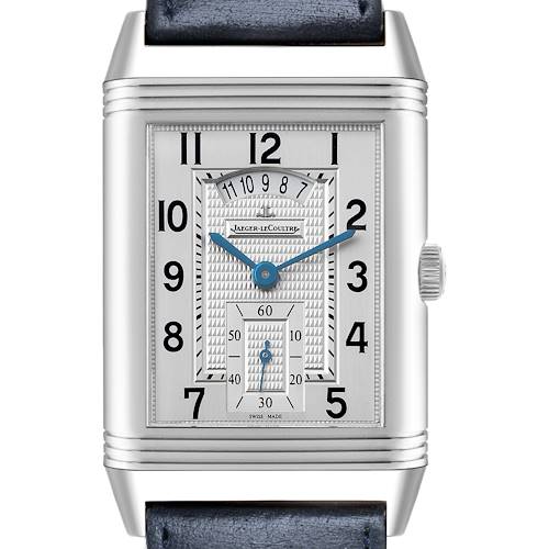 The Jaeger-LeCoultre Reverso watch is shown from the front, highlighting the dial, crown, and part of the strap.