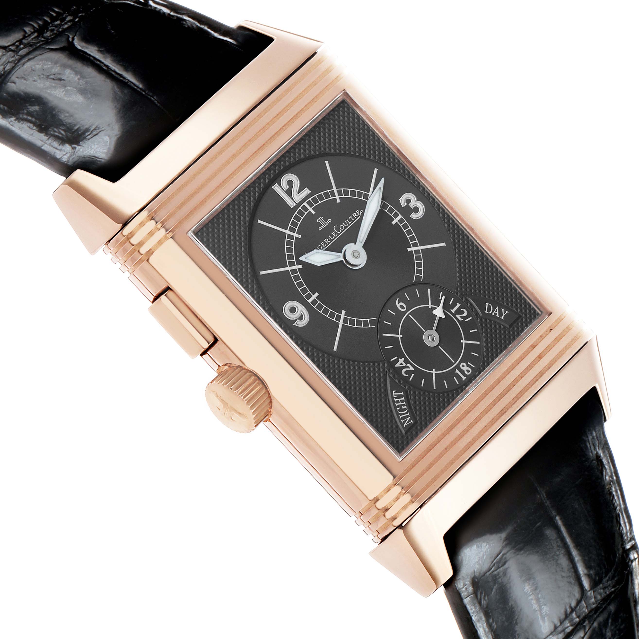 The Jaeger LeCoultre Reverso Q2712410 Men's Rose Gold Silver Dial watch is shown from a side angle, highlighting the rectangular case, crown, and black leather strap.