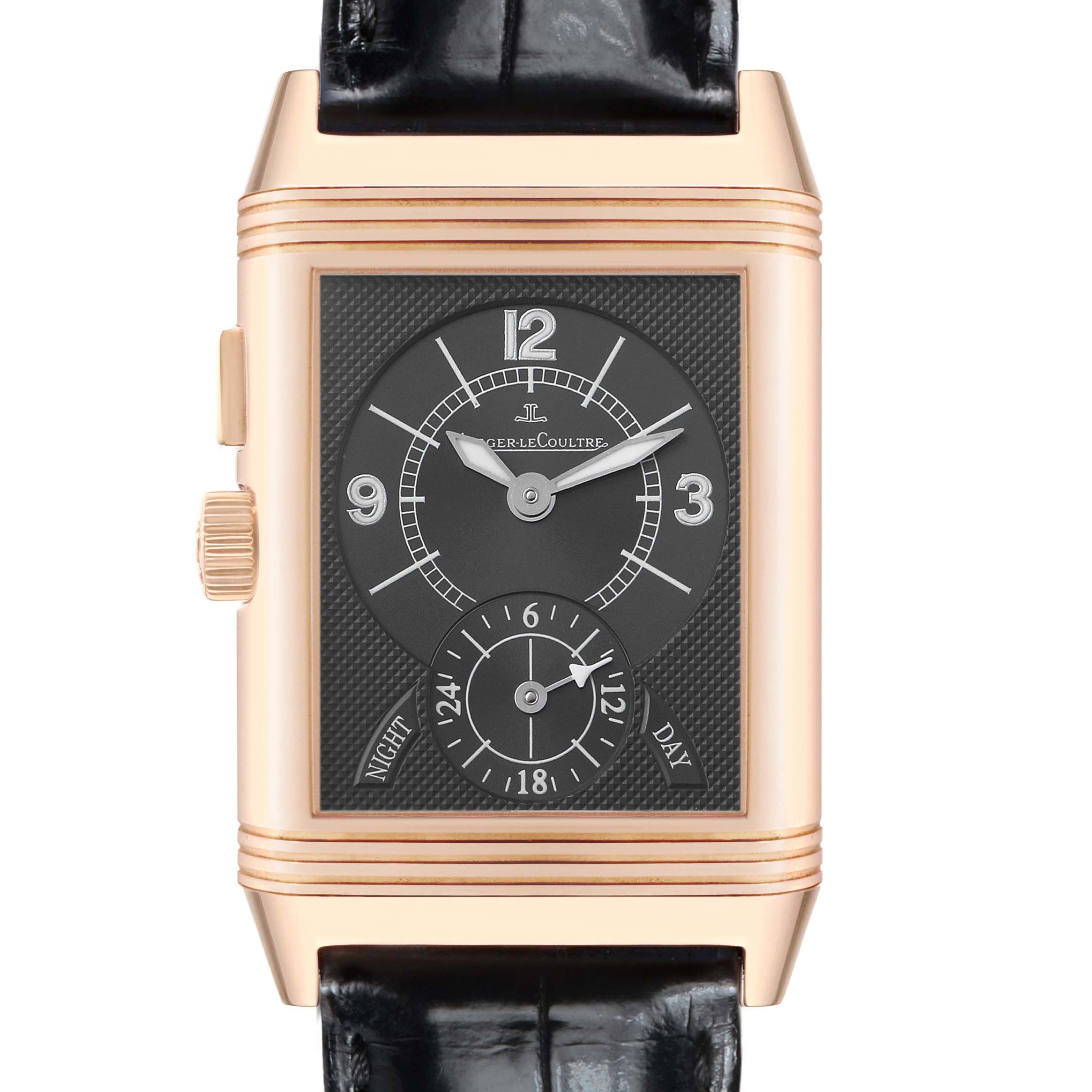 The Jaeger LeCoultre Reverso Q2712410 Men's Rose Gold Silver Dial is shown from the front, displaying the dial with its subdial and side crown.