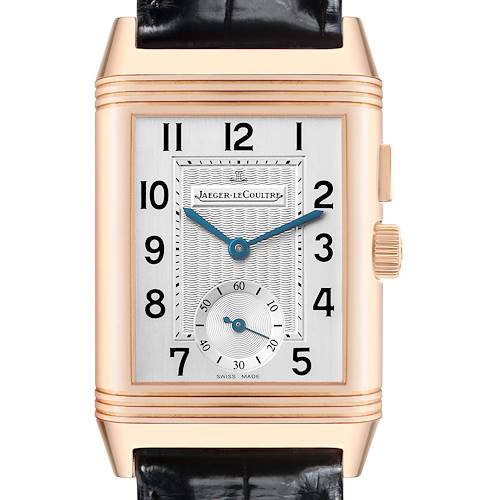 The Jaeger-LeCoultre Reverso model is shown from the front, highlighting its rectangular face, dial, and crown.