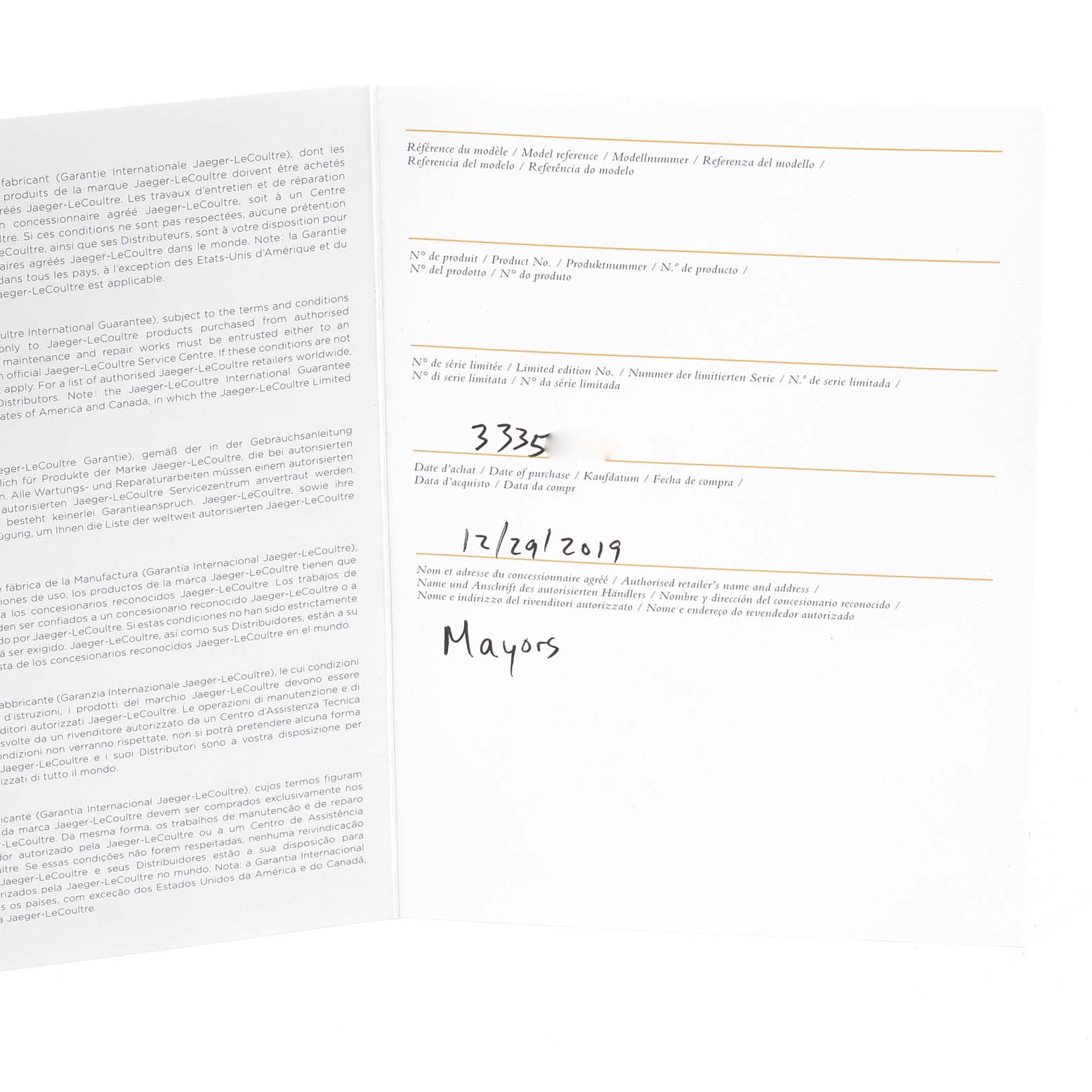 The image shows the warranty card for a Reverso model by Jaeger LeCoultre, including product details and purchase date.