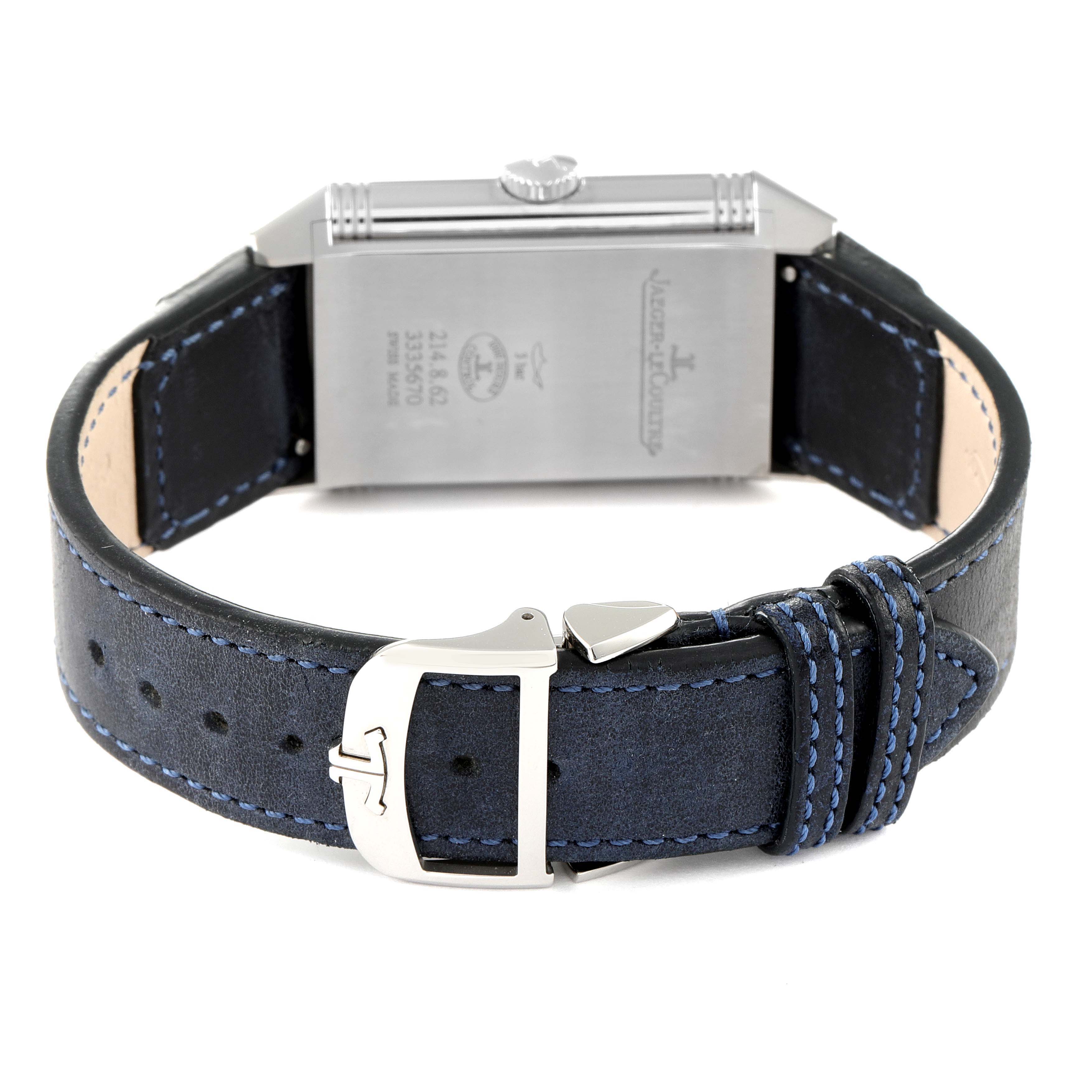 The image shows the back of the Jaeger LeCoultre Reverso Q3978480 Men's Stainless Steel Blue Dial Q3978480 Men's Stainless Steel Blue Dial watch, highlighting the leather strap, buckle, and case back.