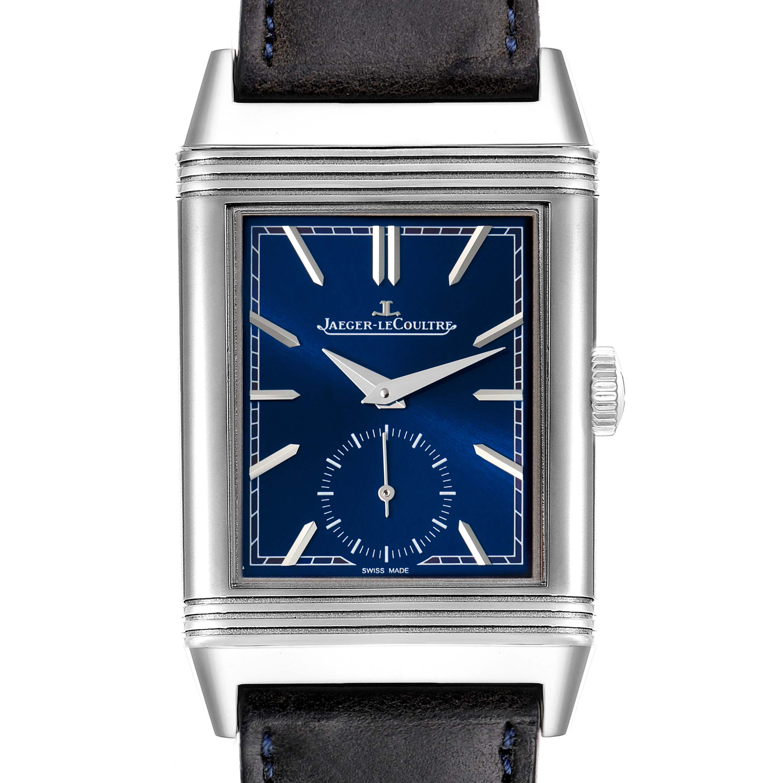 The Jaeger LeCoultre Reverso Q3978480 Men's Stainless Steel Blue Dial Q3978480 Men's Stainless Steel Blue Dial watch is displayed head-on showing the face, crown, and part of the strap.