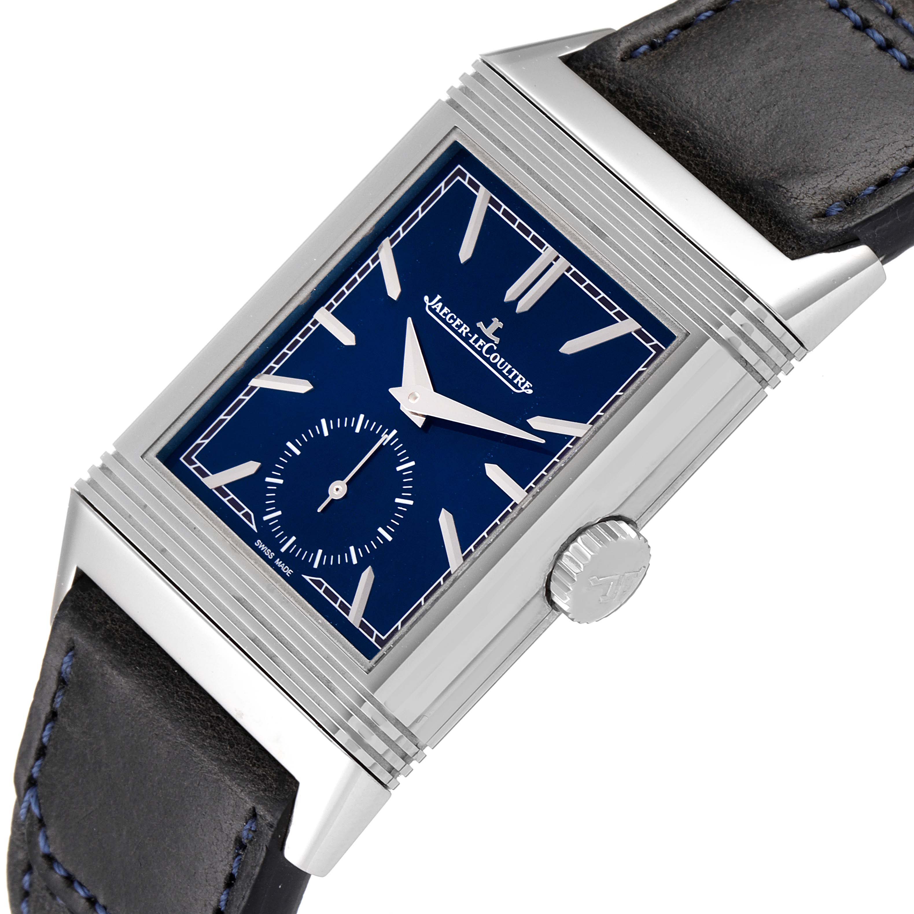 The image shows a Jaeger LeCoultre Reverso Q3978480 Men's Stainless Steel Blue Dial Q3978480 Men's Stainless Steel Blue Dial watch at an oblique angle, highlighting the face, crown, strap, and blue dial.