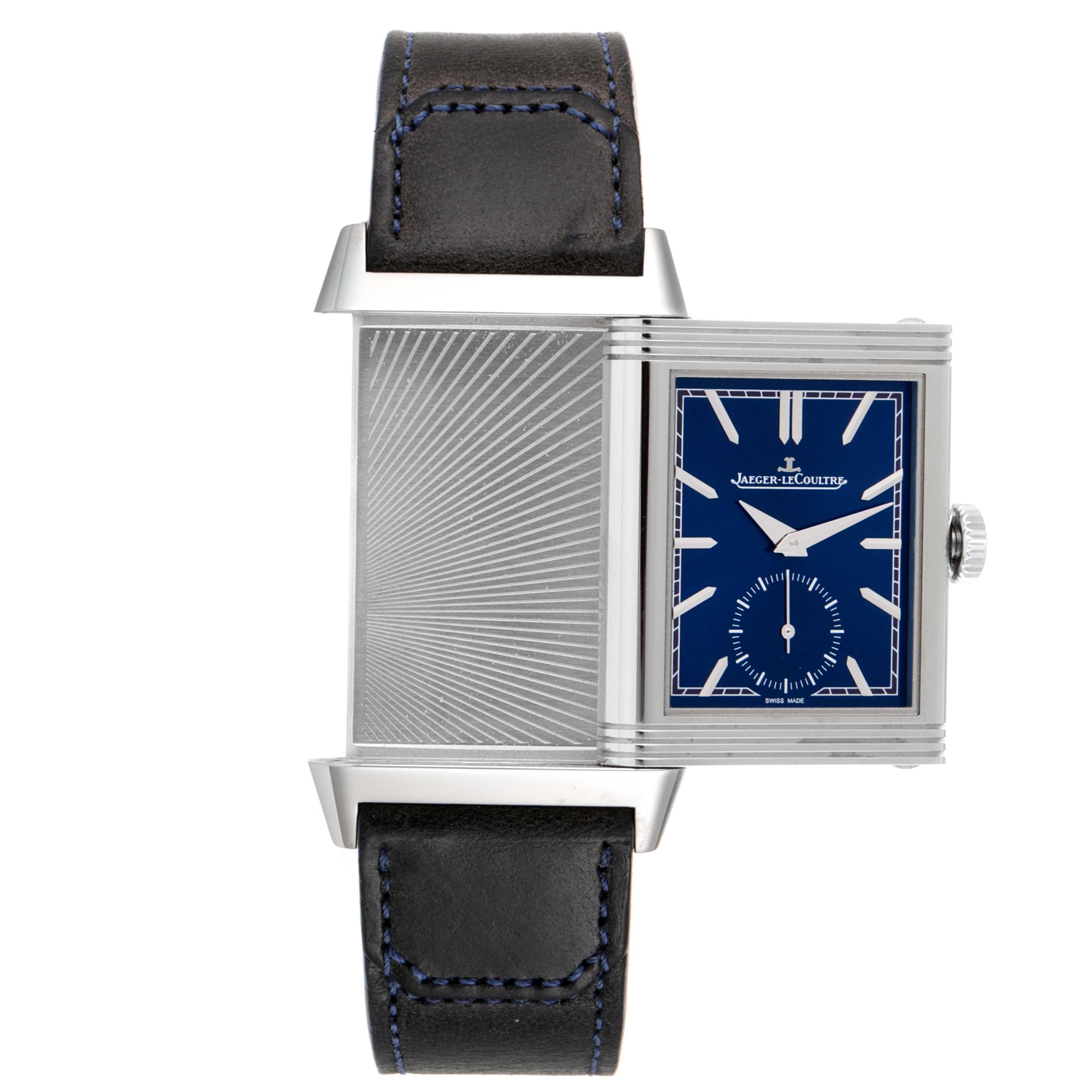The image shows a partial side and front view of the Jaeger LeCoultre Reverso Q3978480 Men's Stainless Steel Blue Dial Q3978480 Men's Stainless Steel Blue Dial watch with its reversible case displayed.