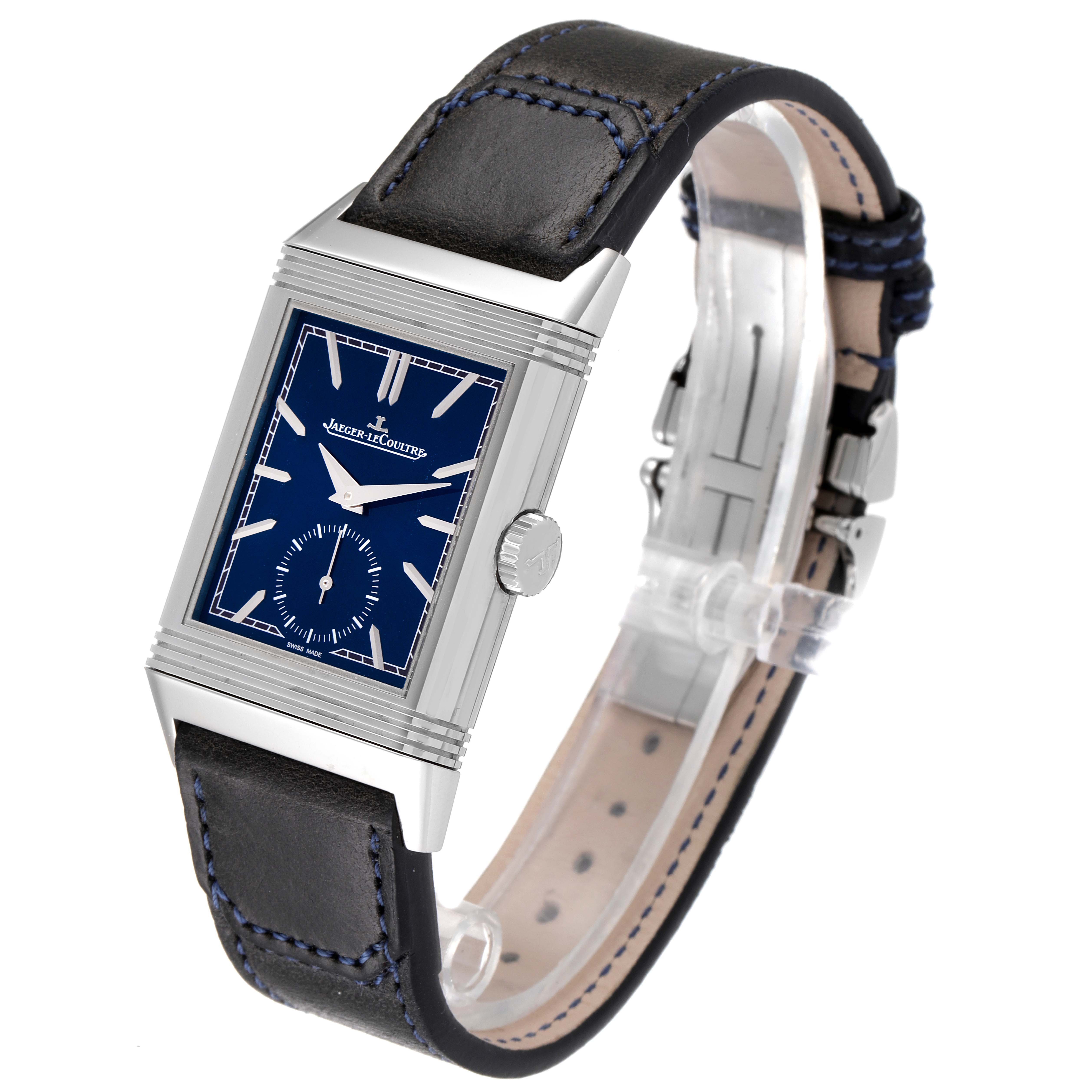 The Jaeger LeCoultre Reverso Q3978480 Men's Stainless Steel Blue Dial Q3978480 Men's Stainless Steel Blue Dial watch is shown at an angle highlighting the face, crown, and leather strap with blue stitching.