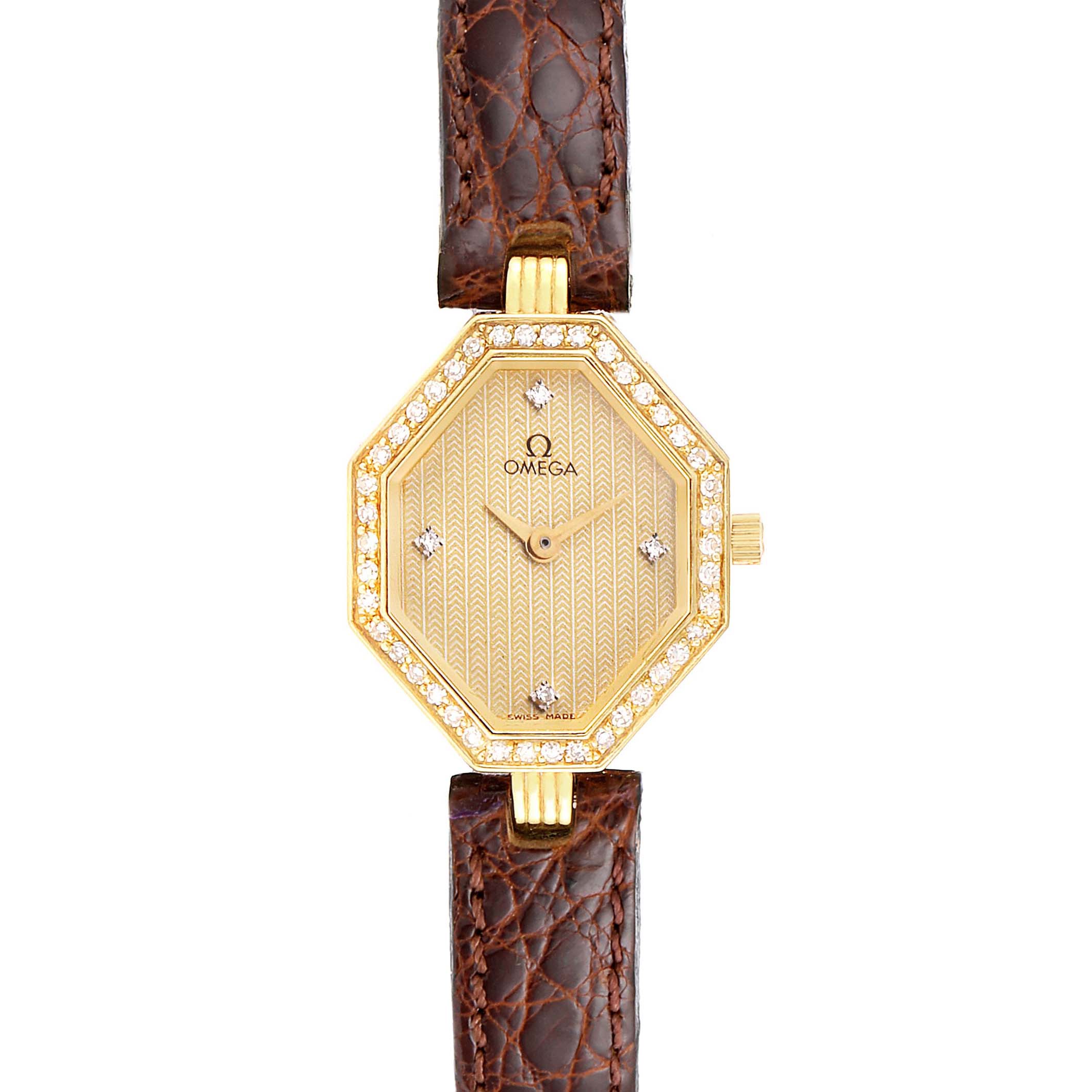 The image shows a front view of the Omega 1450 Women
s Yellow Gold Champagne Dial 1450 Women
s Yellow Gold Champagne Dial DeVille Mini Yellow Gold Diamond Cocktail Ladies Watch 1450 model, highlighting its dial and strap.