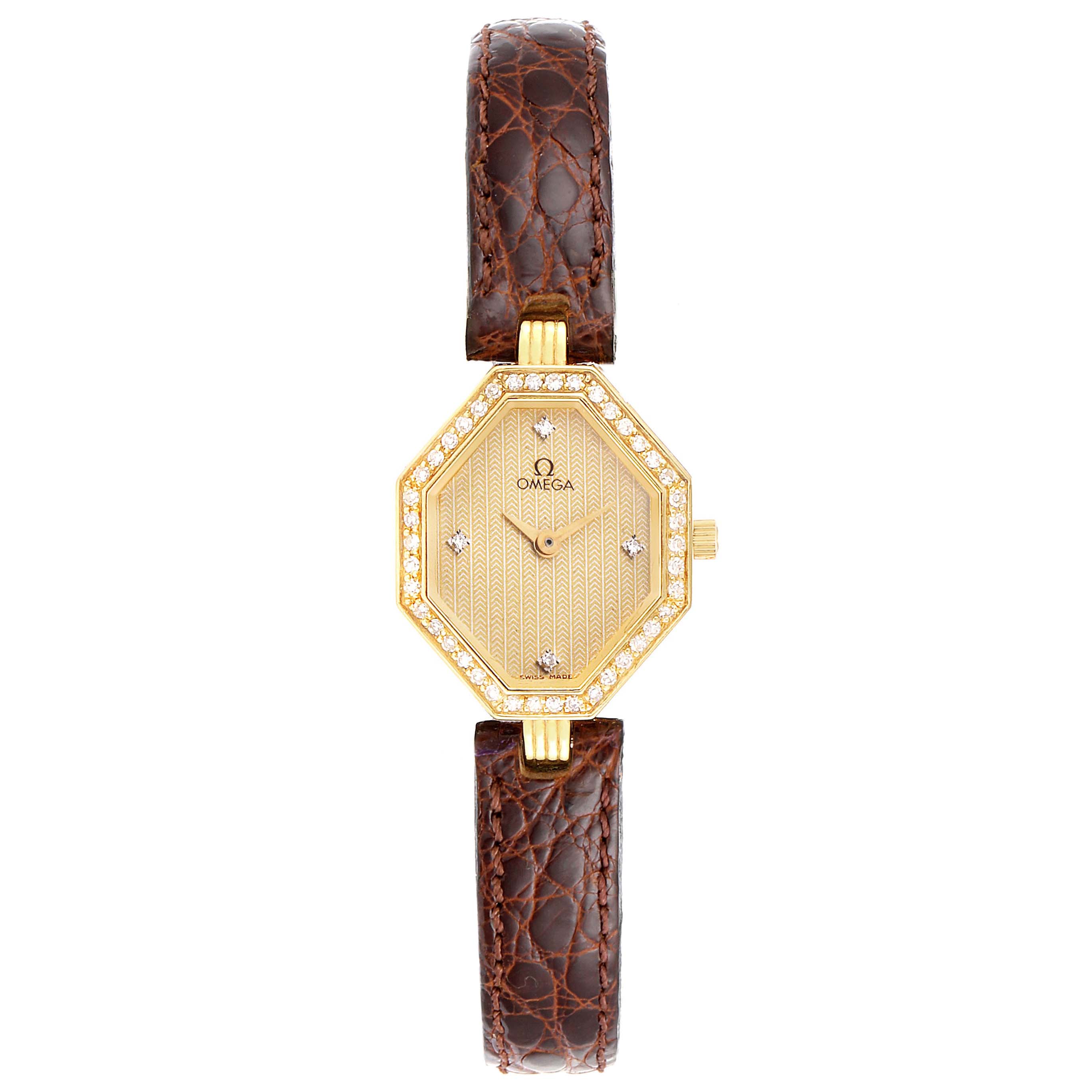 This image shows a front view of the Omega 1450 Women
s Yellow Gold Champagne Dial 1450 Women
s Yellow Gold Champagne Dial DeVille Mini Yellow Gold Diamond Cocktail Ladies Watch 1450 model, featuring its face and brown strap.