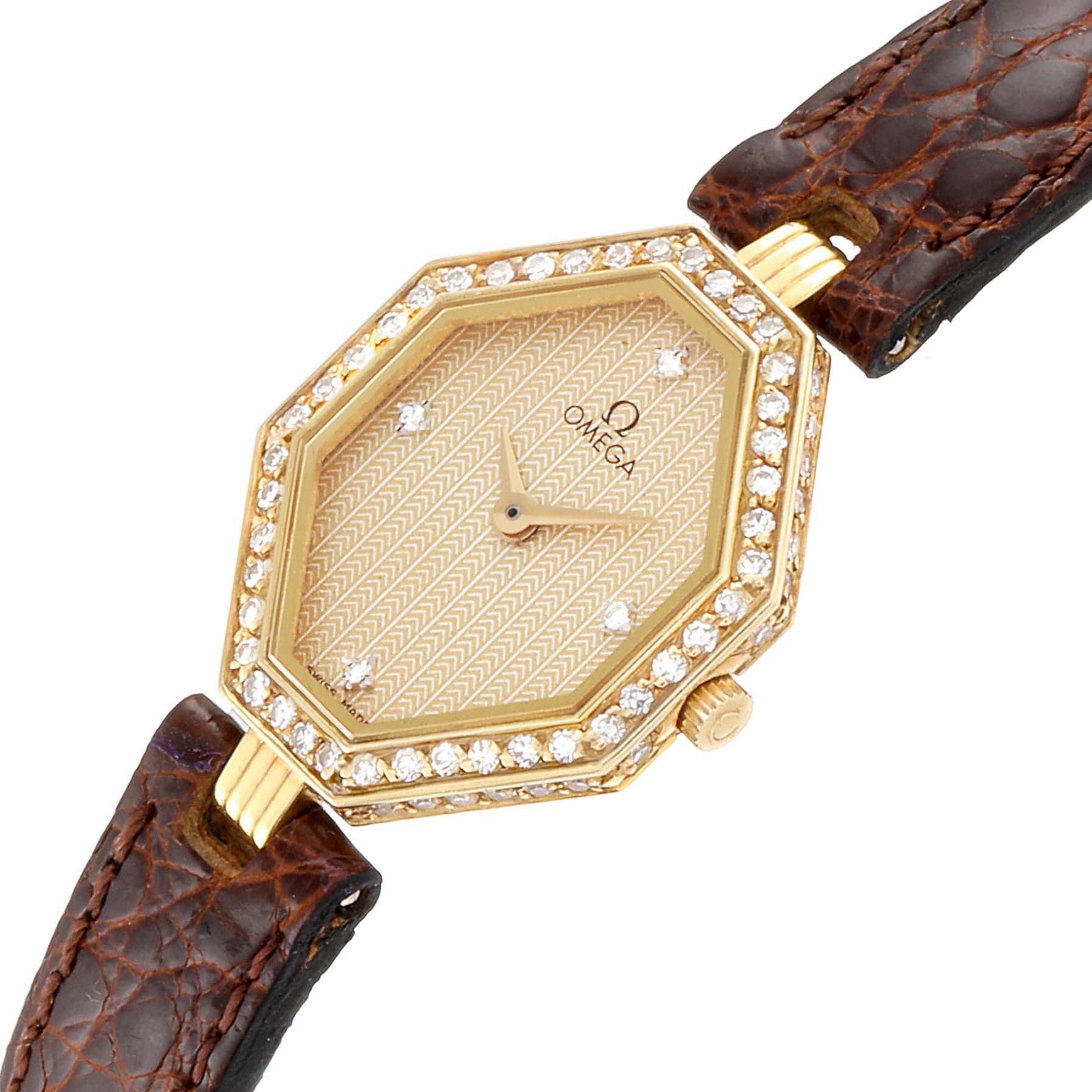 The DeVille Mini Yellow Gold Diamond Cocktail Ladies Watch 1450 by Omega 1450 Women
s Yellow Gold Champagne Dial 1450 Women
s Yellow Gold Champagne Dial is shown at an oblique angle, highlighting its case, dial, and strap.