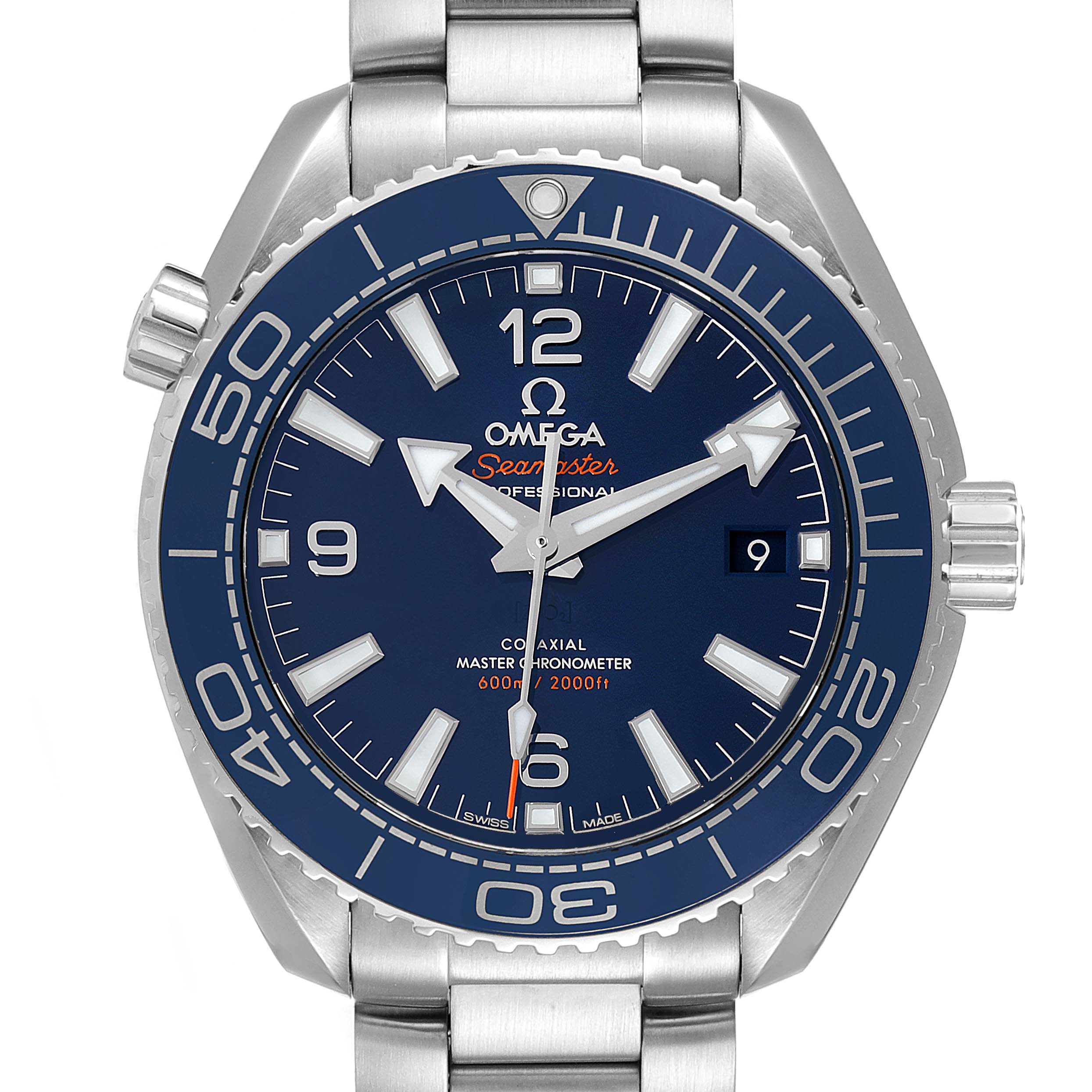 This image shows a front view of the Omega Seamaster Planet Ocean watch, highlighting the dial, bezel, crown, and bracelet.