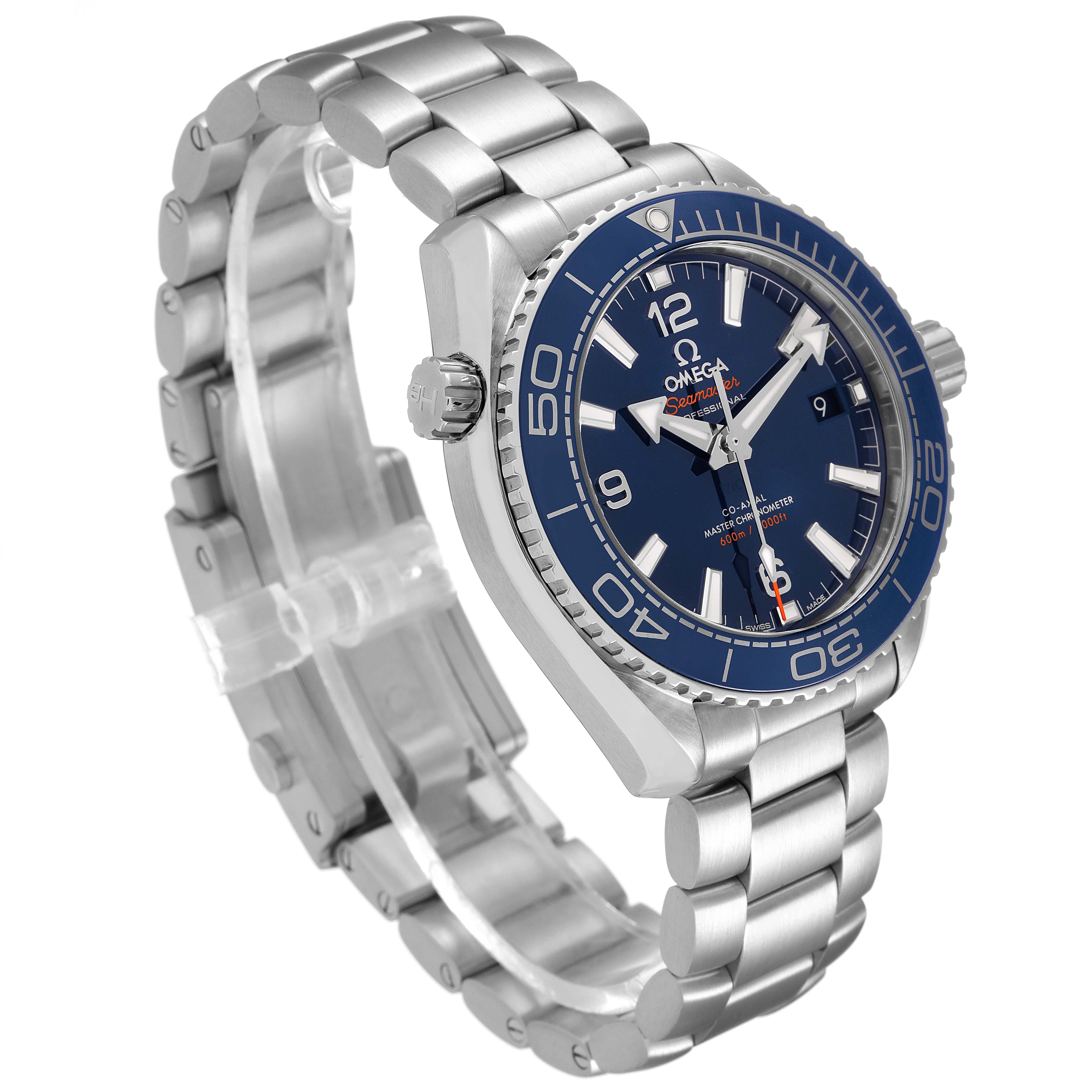 The Omega Planet Ocean 215.30.40.20.03.001 Men
s Stainless Steel Blue Dial 215.30.40.20.03.001 Men
s Stainless Steel Blue Dial watch is shown at a three-quarter angle, displaying the face, bezel, crown, and metal bracelet.