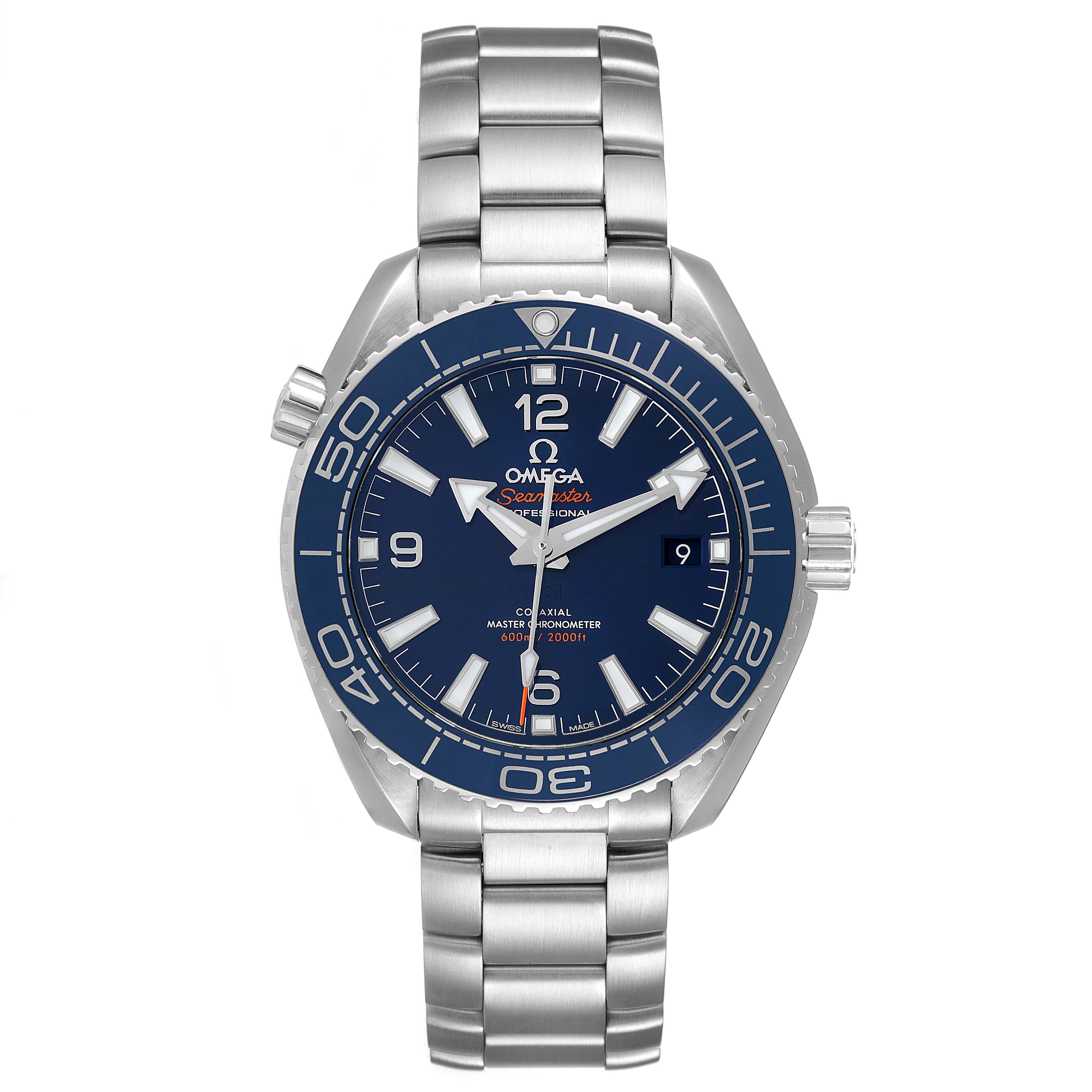 This image shows a front view of the Omega Planet Ocean 215.30.40.20.03.001 Men
s Stainless Steel Blue Dial 215.30.40.20.03.001 Men
s Stainless Steel Blue Dial watch, highlighting its blue dial, stainless steel case, and bracelet.