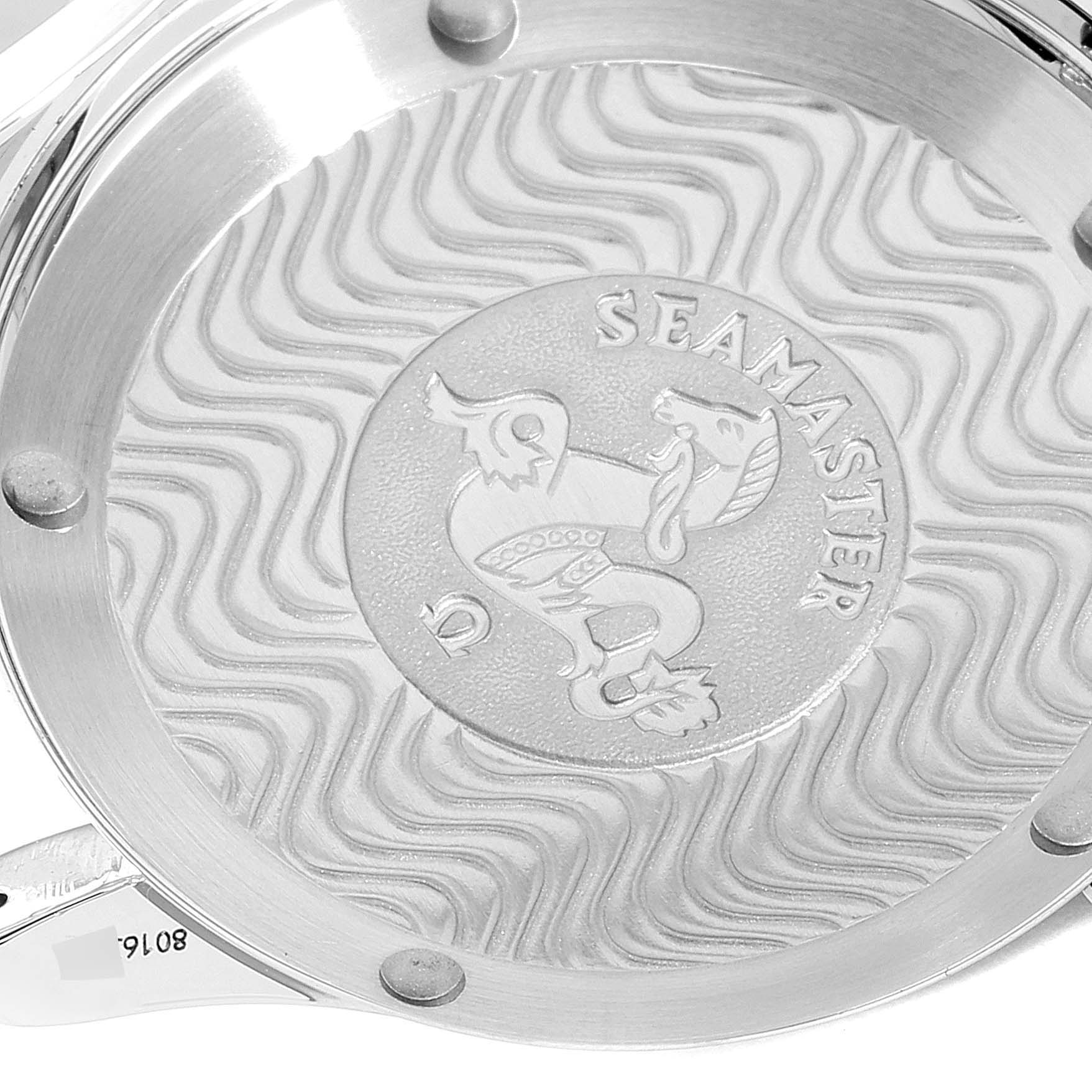 The image shows the engraved case back of an Omega Seamaster 2252.50.00 Men's Stainless Steel Black Dial 2252.50.00 Men's Stainless Steel Black Dial watch with the logo and detailing.