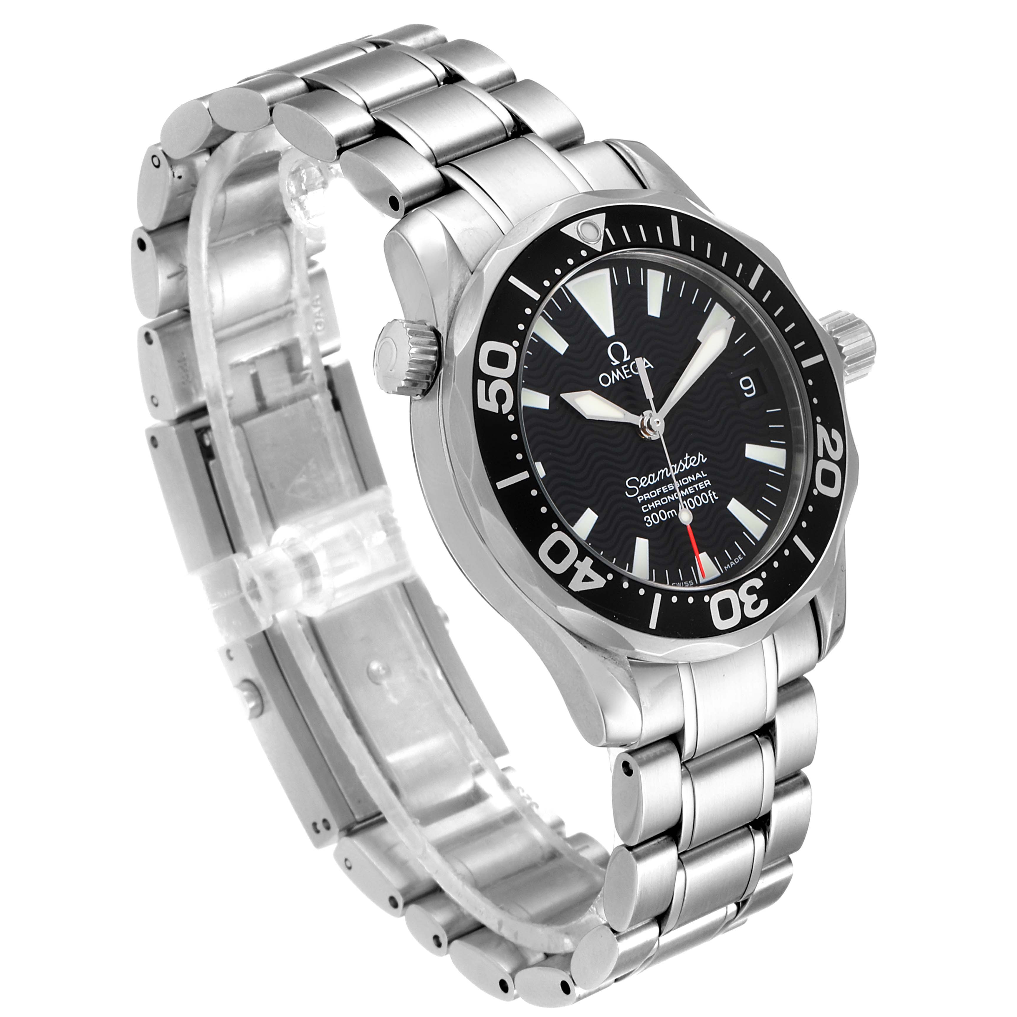 The image shows a side angle of the Omega Seamaster 2252.50.00 Men's Stainless Steel Black Dial 2252.50.00 Men's Stainless Steel Black Dial watch, highlighting the face, bezel, crown, and stainless steel bracelet.