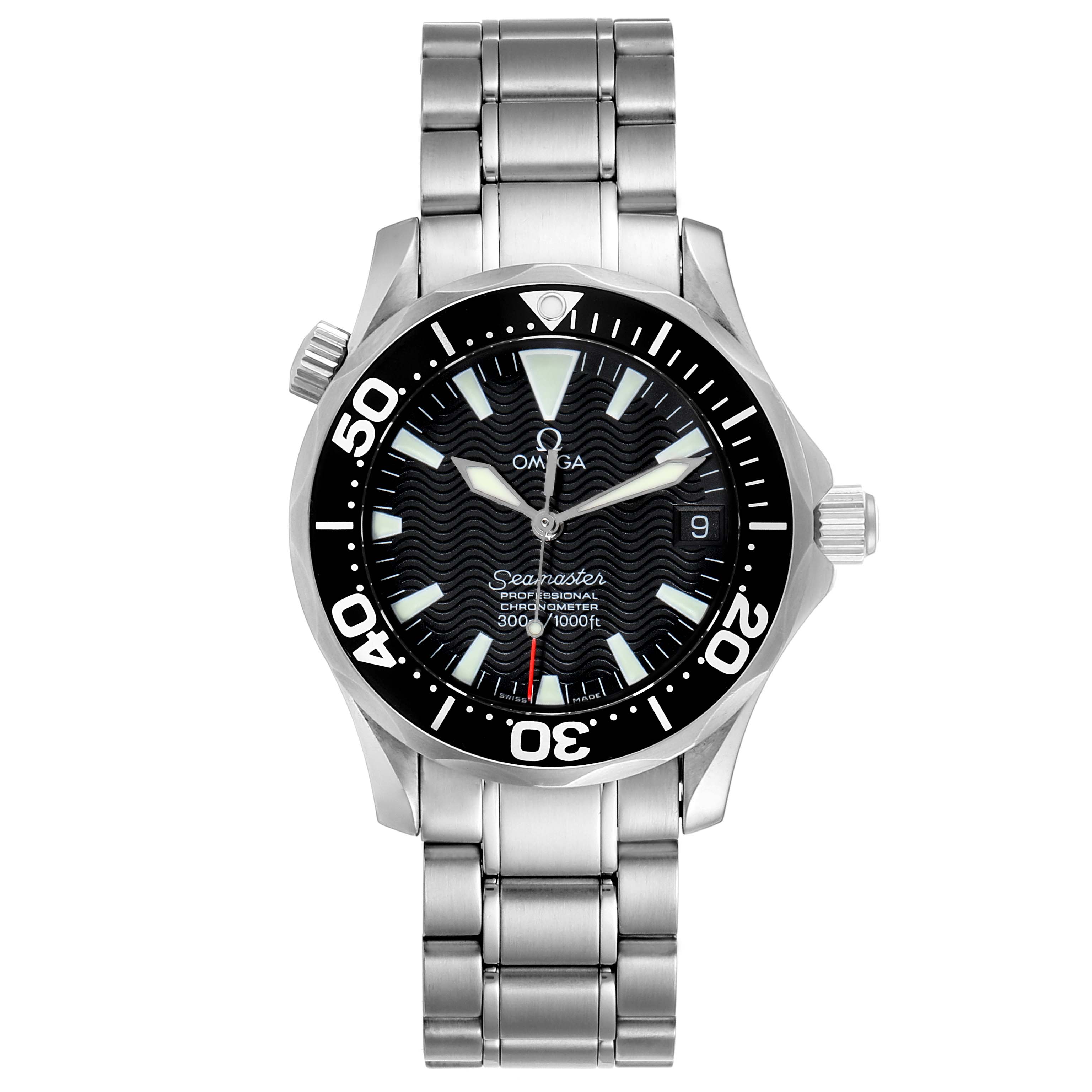This is a front view of the Omega Seamaster 2252.50.00 Men's Stainless Steel Black Dial 2252.50.00 Men's Stainless Steel Black Dial watch, showing the case, dial, bezel, and stainless steel bracelet.