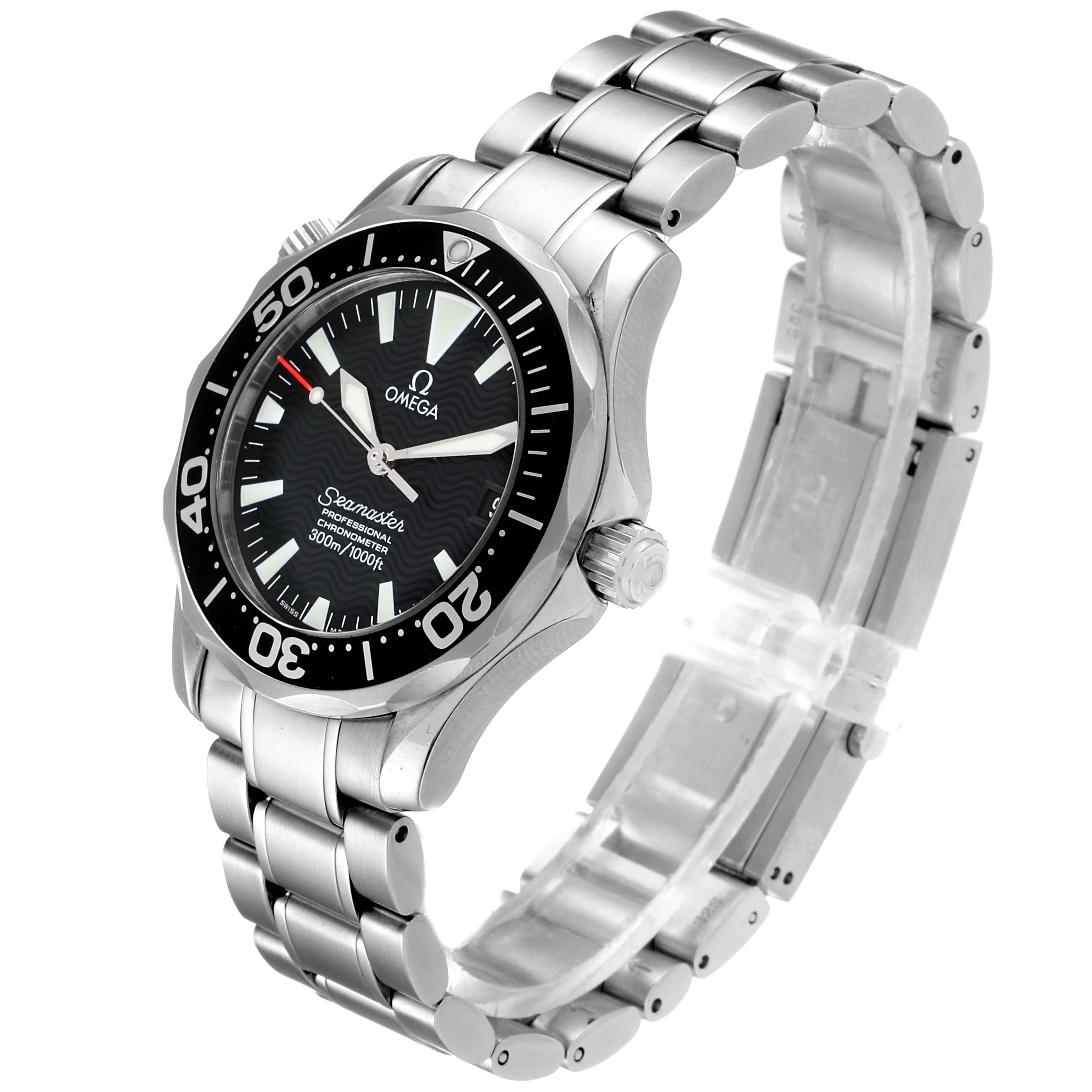 The Omega Seamaster 2252.50.00 Men's Stainless Steel Black Dial 2252.50.00 Men's Stainless Steel Black Dial watch is shown from a three-quarter angle, displaying the face, bezel, crown, and metal bracelet.