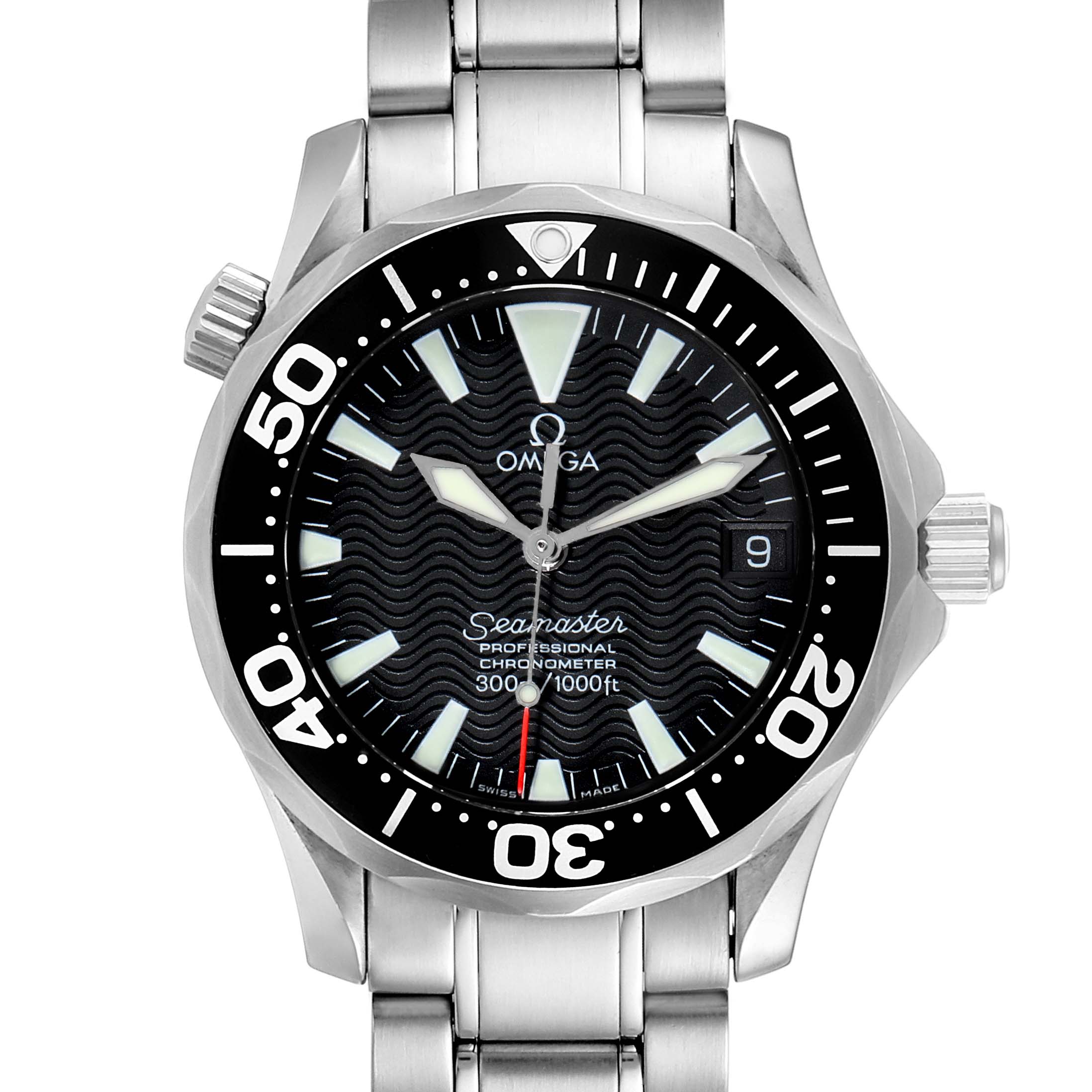 The Omega Seamaster 2252.50.00 Men's Stainless Steel Black Dial 2252.50.00 Men's Stainless Steel Black Dial watch is shown from a front angle, highlighting the face, bezel, and part of the metal bracelet.