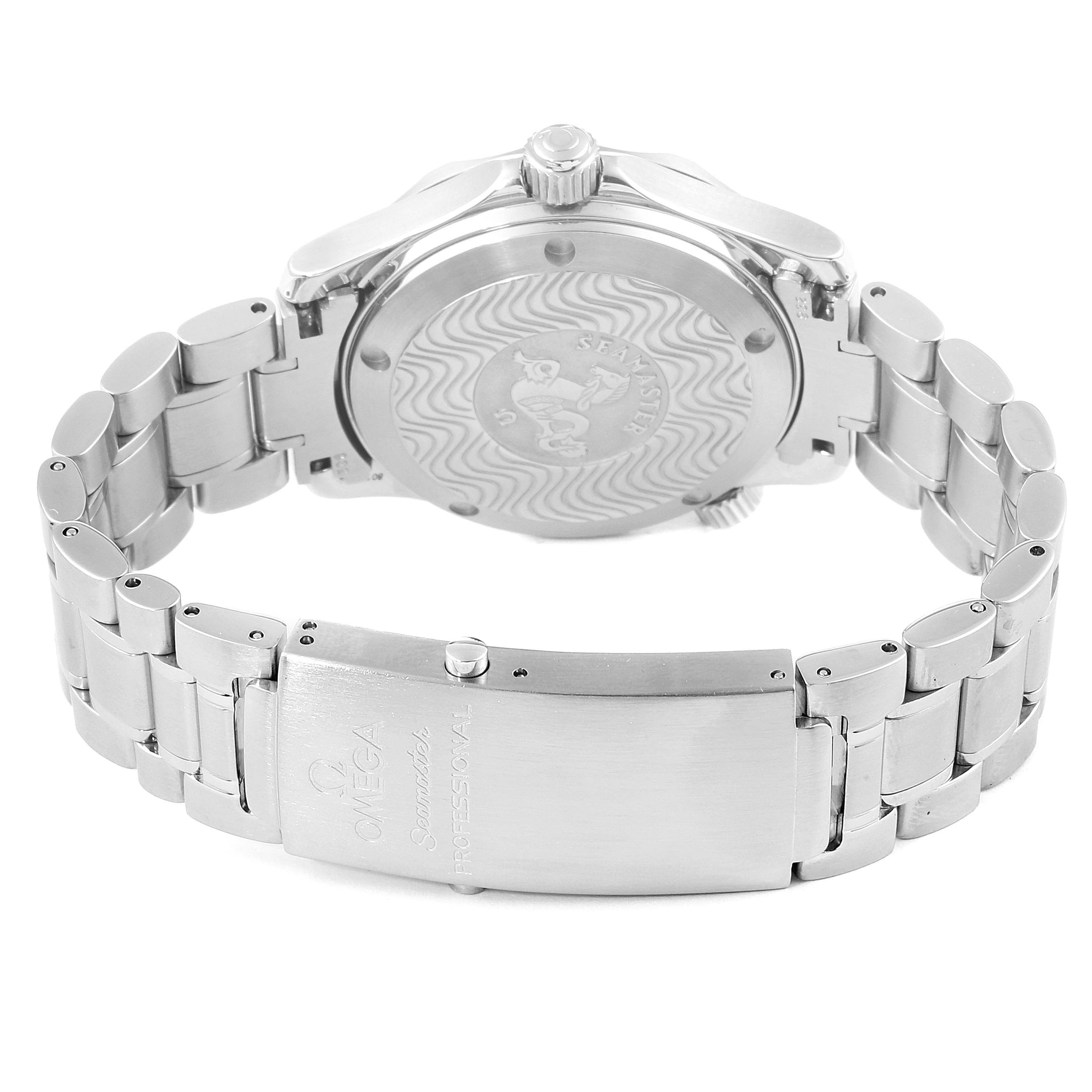 The image shows the back view of the Omega Seamaster 2252.50.00 Men's Stainless Steel Black Dial 2252.50.00 Men's Stainless Steel Black Dial watch, highlighting the case back and bracelet clasp.