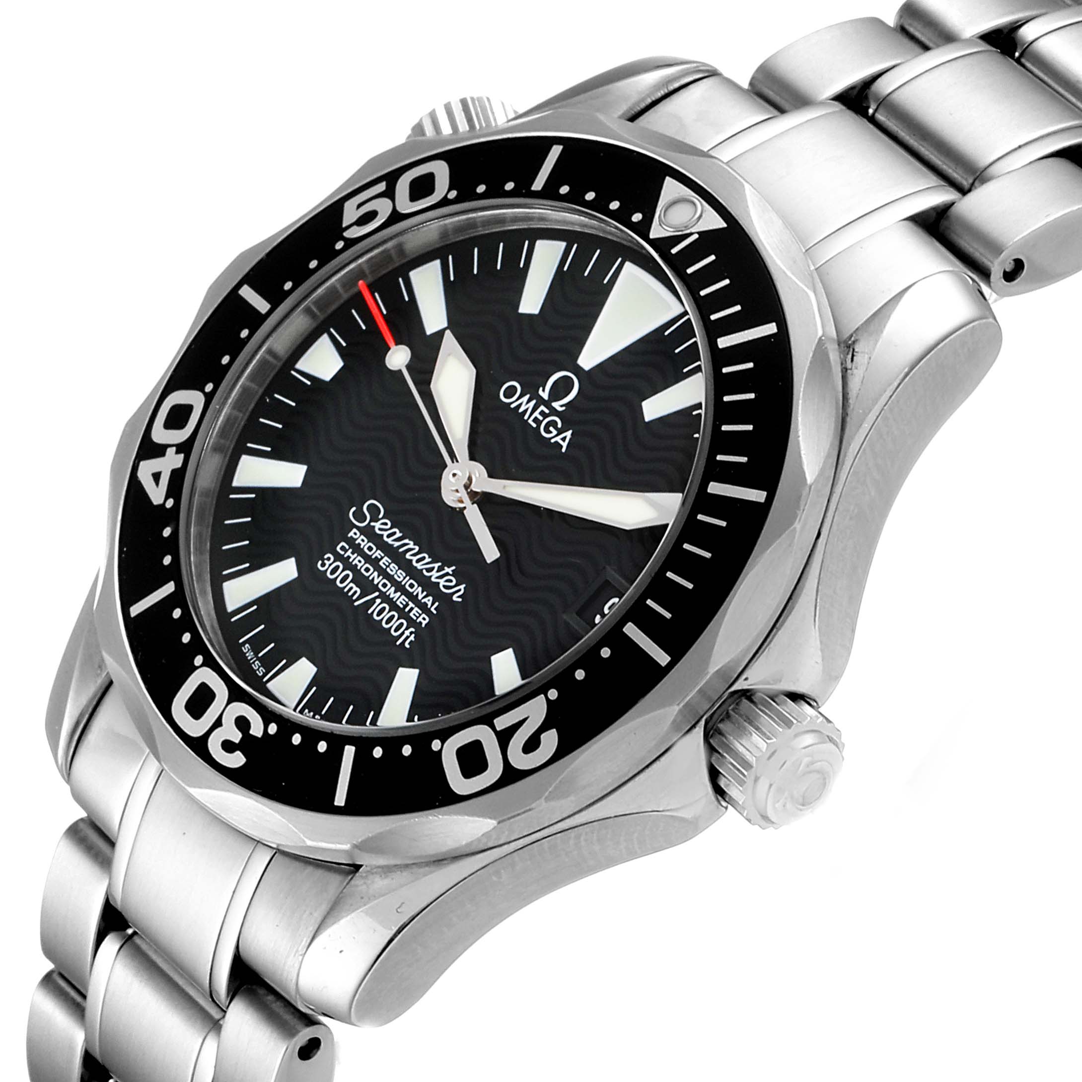 This Omega Seamaster 2252.50.00 Men's Stainless Steel Black Dial 2252.50.00 Men's Stainless Steel Black Dial watch is shown at an angle highlighting the face, bezel, crown, and part of the bracelet.
