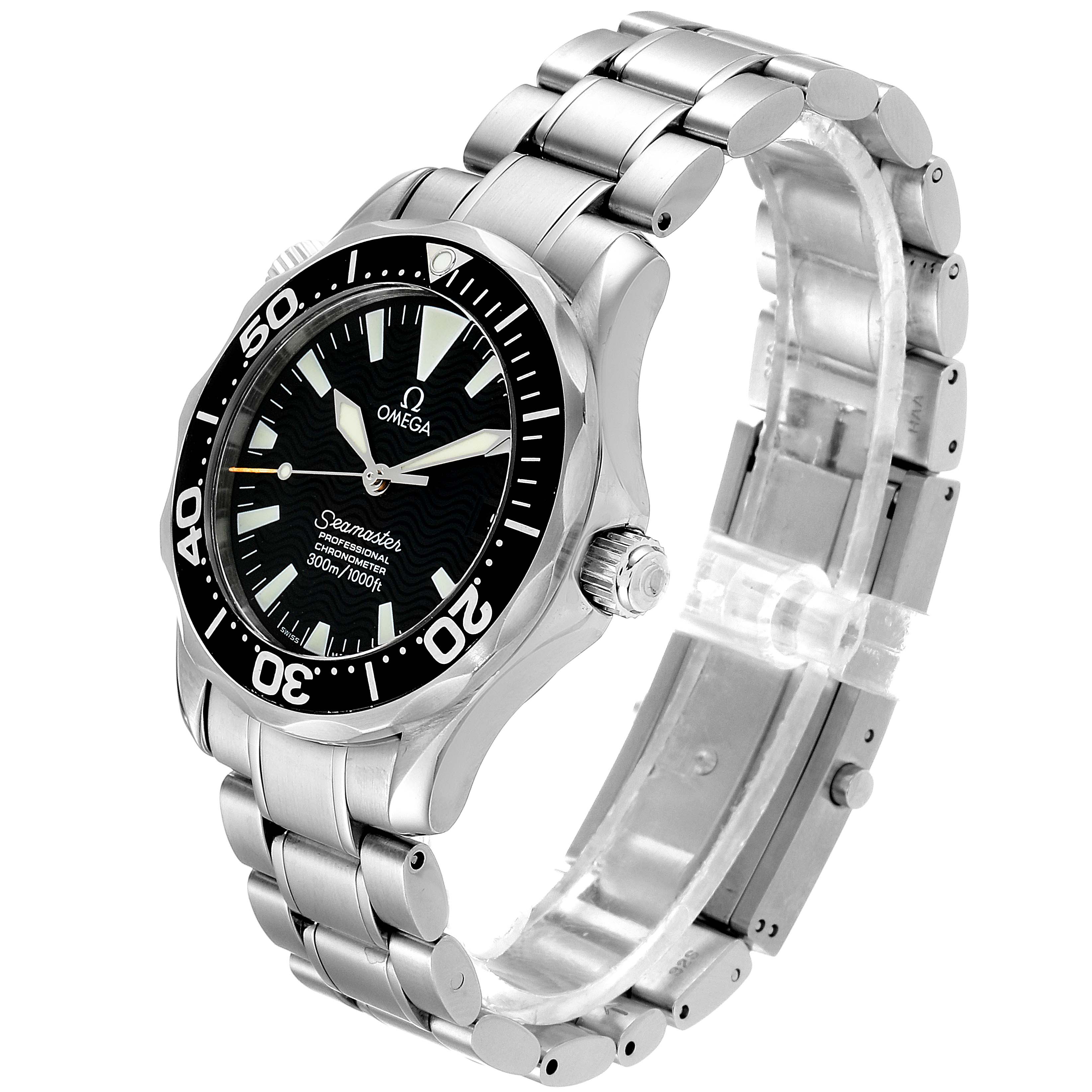 The Omega Seamaster 2252.50.00 Men's Stainless Steel Black Dial 2252.50.00 Men's Stainless Steel Black Dial watch is shown from a three-quarter angle, highlighting its dial, bezel, crown, and stainless steel bracelet.
