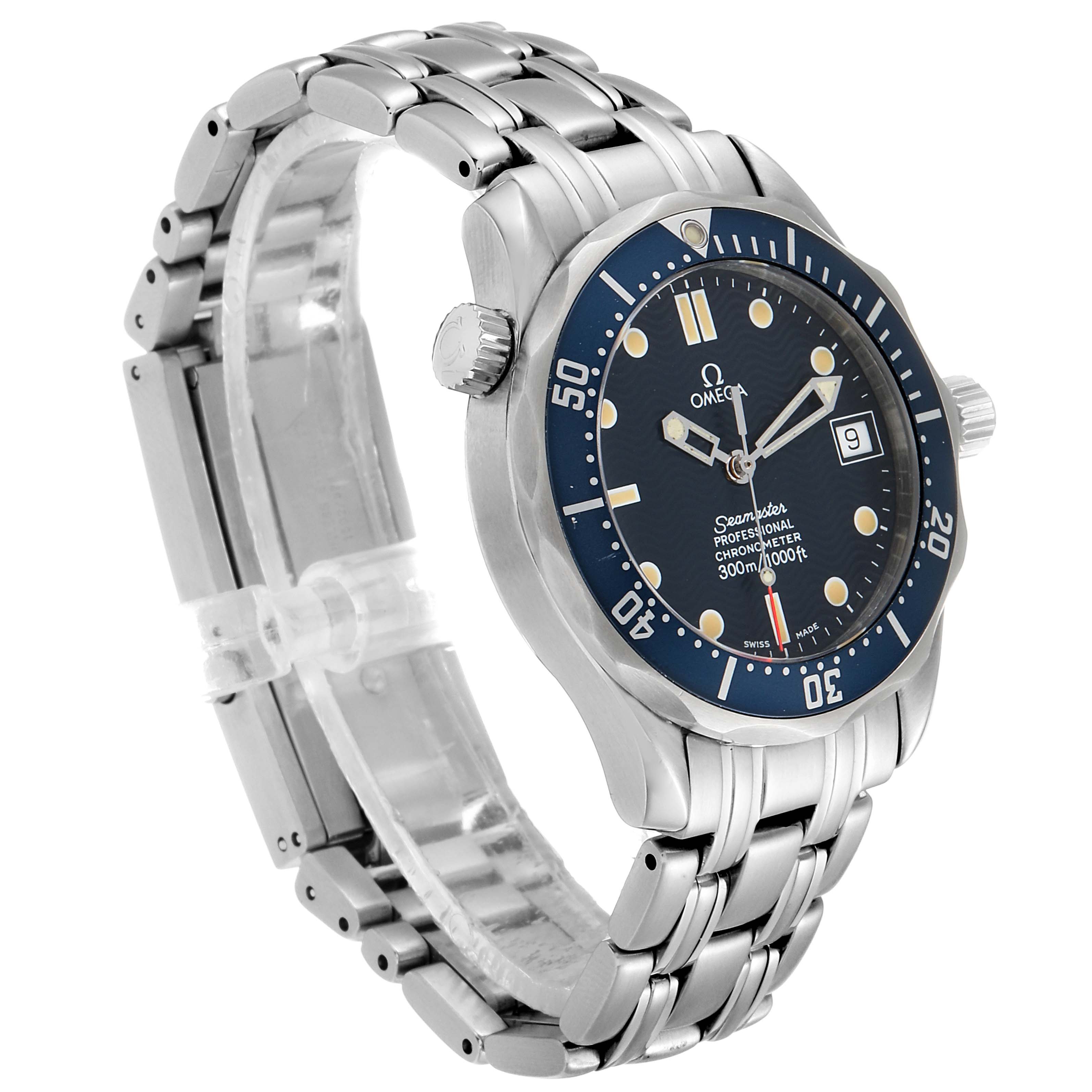 The image shows a side angle of the Omega Seamaster 2551.80.00 Men's Stainless Steel Blue Dial 2551.80.00 Men's Stainless Steel Blue Dial watch, highlighting its stainless steel bracelet, bezel, dial, and crown.