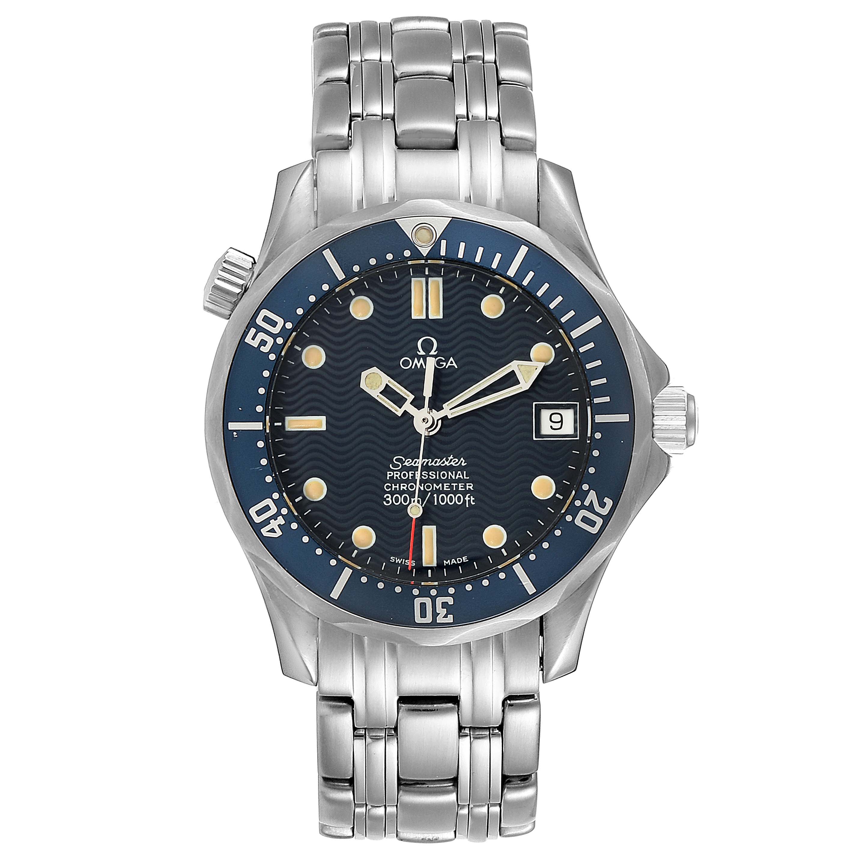 This image shows a front view of an Omega Seamaster 2551.80.00 Men's Stainless Steel Blue Dial 2551.80.00 Men's Stainless Steel Blue Dial watch, displaying the dial, bezel, bracelet, and crown.