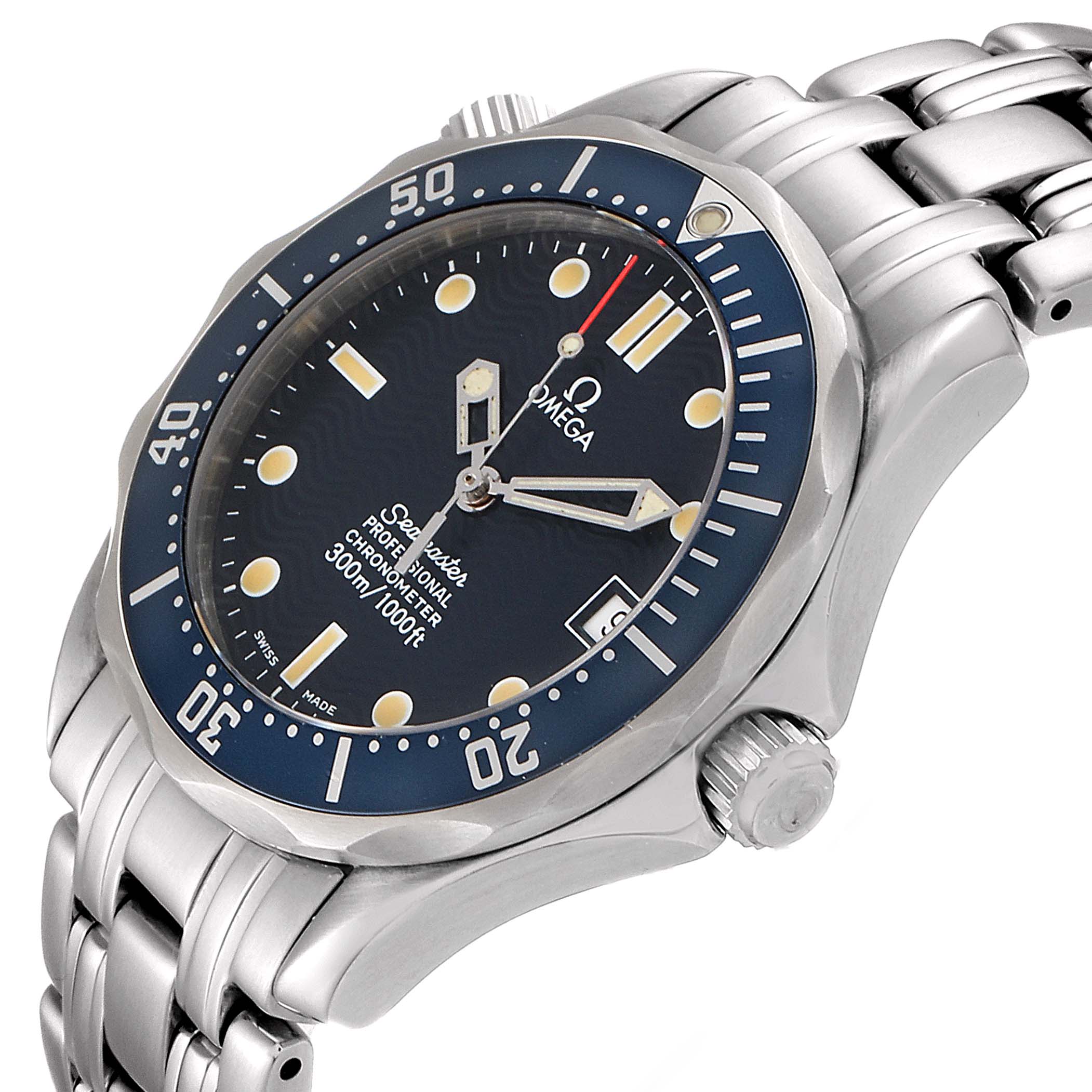 The image shows an Omega Seamaster 2551.80.00 Men's Stainless Steel Blue Dial 2551.80.00 Men's Stainless Steel Blue Dial watch at an angled view, highlighting its blue dial, bezel, crown, and metallic bracelet.