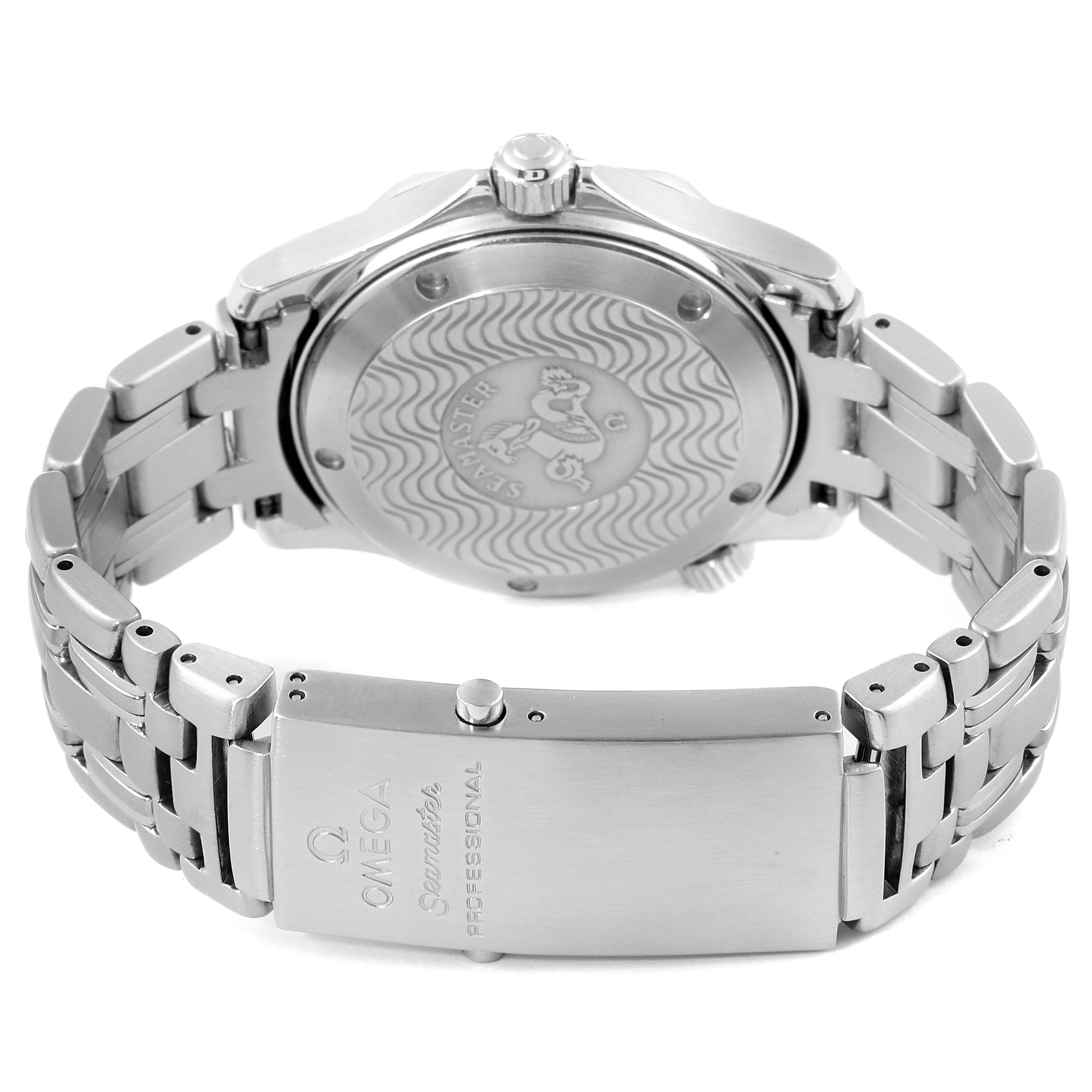 This image shows the back view of an Omega Seamaster 2551.80.00 Men's Stainless Steel Blue Dial 2551.80.00 Men's Stainless Steel Blue Dial watch, focusing on its metal bracelet and engraved case back.